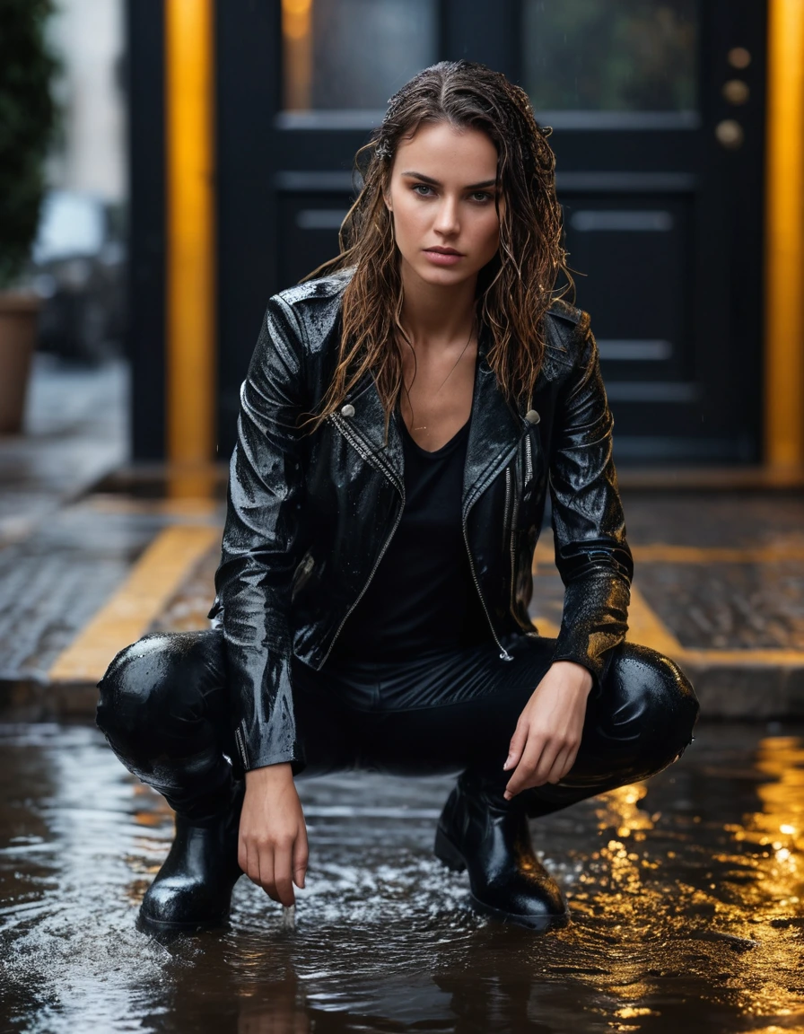 photo of young woman, in soaking wet, drenched clothes,
Black leather ankle boots, soaked and glistening, skin tight black leather jeans, saturated , black long sleeve leather shirt, black bikers leather jacket, Upscale hotel driveway under warm golden portico lighting, 
enjoying, wet clothes stuck to body,
detailed textures of the wet clothes, wet face, wet plastered hair,
wet, drenched, professional, high-quality details, full body view.
sharp focus, ultra-high pixel detail, realistic, high-quality, full colors, incredibly detailed, 4k, 8k, 16k, hyper-realistic, RAW photo, masterpiece, ultra-detailed, professionally color graded, professional photograph, Cinematic atmosphere, torrential rain streaks, water pooling on asphalt, sharp reflections, high contrast, dramatic shadows, hyper-realistic wet fabric textures, 8k resolution., dry skin, dry clothes, dry fabric