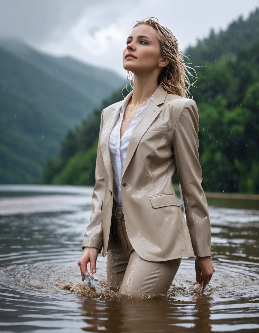 photo of young woman, in soaking wet, drenched clothes,
Beige Long Business Trouser, Beige Business Suit Jacket with white button down business shirt longsleeve, Clear Mountain lake with heavy rain, 
enjoying, wet clothes stuck to body,
detailed textures of the wet clothes, wet face, wet plastered hair,
wet, drenched, professional, high-quality details, full body view.
sharp focus, ultra-high pixel detail, realistic, high-quality, full colors, incredibly detailed, 4k, 8k, 16k, hyper-realistic, RAW photo, masterpiece, ultra-detailed, professionally color graded, professional photograph, young elegant beautiful white Blonde women, breast deep submerged, under a big rainshower, fully clothed, completely soaked, fully drenched, completely wet, wetlook, heavy rain, side parting, long hair, rain storm, looks confidently into camera, dry skin, dry clothes, dry fabric