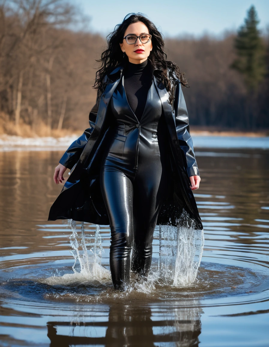 photo of young woman, in soaking wet, drenched clothes,
office shoes , long black latex jeans, maxi black winter coat, walking submerged in sunny deep lake, 
enjoying, wet clothes stuck to body,
detailed textures of the wet clothes, wet face, wet plastered hair,
wet, drenched, professional, high-quality details, full body view.
sharp focus, ultra-high pixel detail, realistic, high-quality, full colors, incredibly detailed, 4k, 8k, 16k, hyper-realistic, RAW photo, masterpiece, ultra-detailed, professionally color graded, professional photograph, woman 51 years old, long black hair, very big and thick lips, office glasses, complete body, open mouth