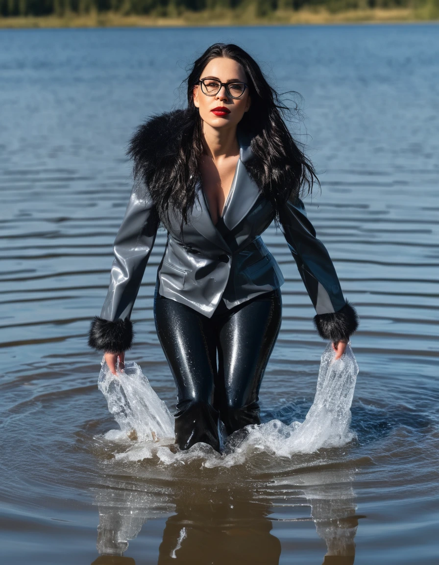 photo of young woman, in soaking wet, drenched clothes,
office shoes , long black latex jeans, maxi gray fur coat, walking submerged in sunny deep lake, 
enjoying, wet clothes stuck to body,
detailed textures of the wet clothes, wet face, wet plastered hair,
wet, drenched, professional, high-quality details, full body view.
sharp focus, ultra-high pixel detail, realistic, high-quality, full colors, incredibly detailed, 4k, 8k, 16k, hyper-realistic, RAW photo, masterpiece, ultra-detailed, professionally color graded, professional photograph, woman 51 years old, long black hair, very big and thick lips, office glasses, complete body, open mouth