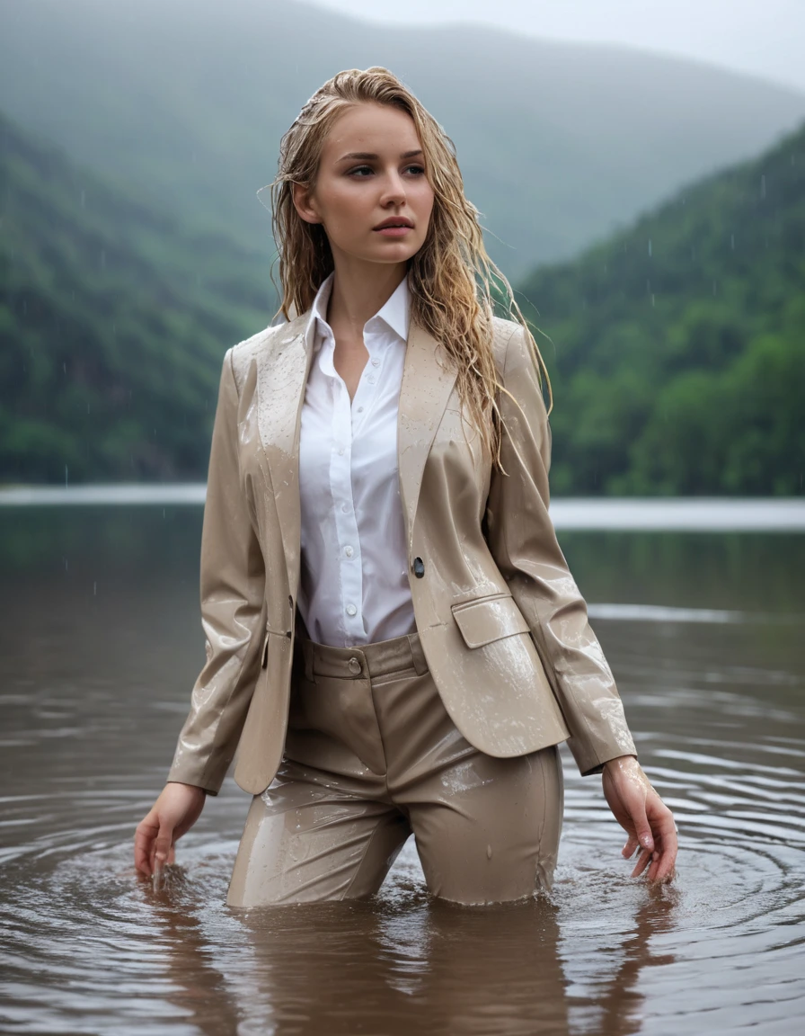 photo of young woman, in soaking wet, drenched clothes,
Beige Long Business Trouser, Beige Business Suit Jacket with white button down business shirt longsleeve, Clear Mountain lake with heavy rain, 
enjoying, wet clothes stuck to body,
detailed textures of the wet clothes, wet face, wet plastered hair,
wet, drenched, professional, high-quality details, full body view.
sharp focus, ultra-high pixel detail, realistic, high-quality, full colors, incredibly detailed, 4k, 8k, 16k, hyper-realistic, RAW photo, masterpiece, ultra-detailed, professionally color graded, professional photograph, young elegant beautiful white Blonde women, breast deep submerged, under a big rainshower, fully clothed, completely soaked, fully drenched, completely wet, wetlook, heavy rain, side parting, long hair, rain storm, looks confidently into camera, dry skin, dry clothes, dry fabric