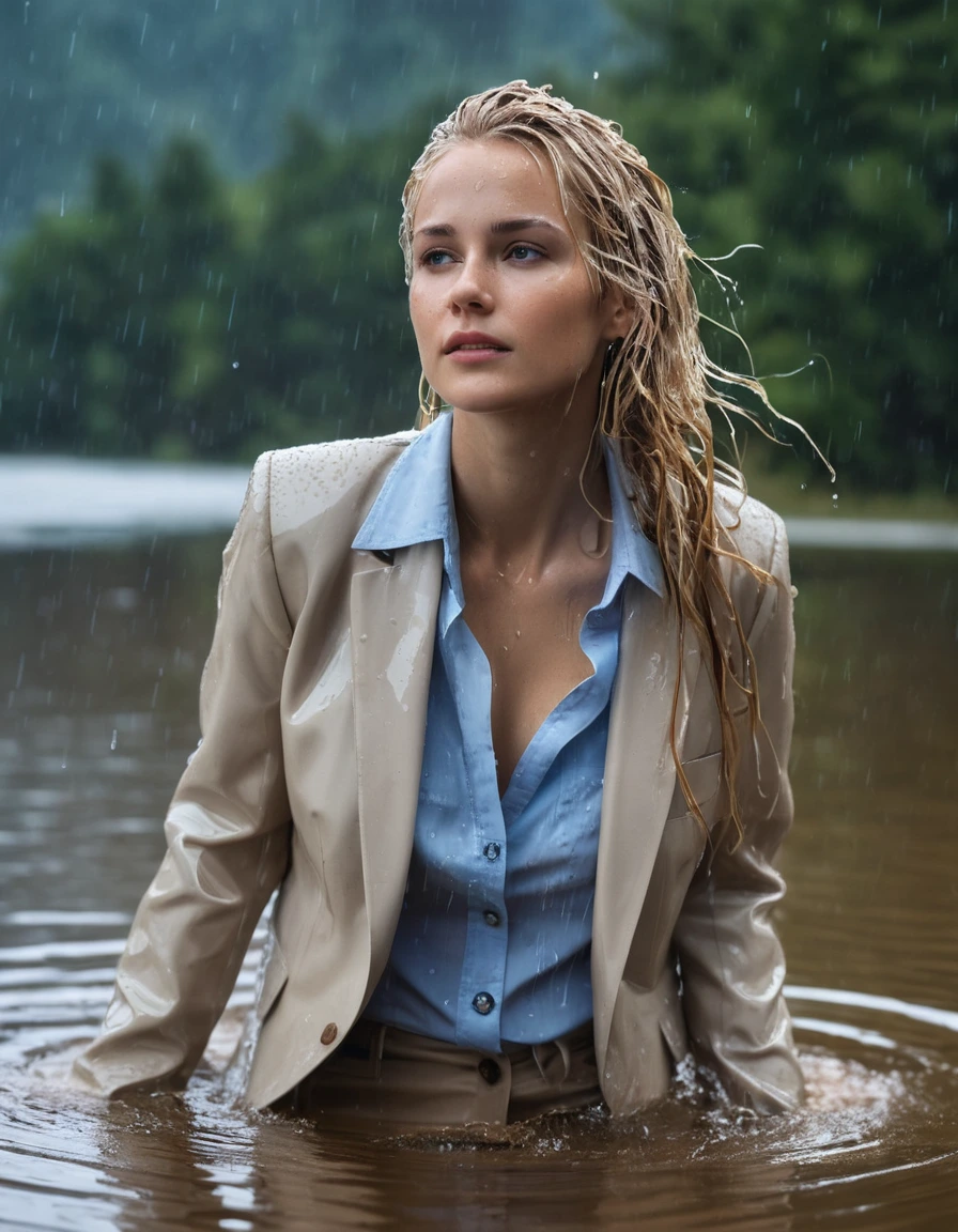 photo of young woman, in soaking wet, drenched clothes,
Beige Long Business Trouser, Beige Business Suit Jacket with light blue button down business shirt longsleeve, Clear Mountain lake with heavy rain, 
enjoying, wet clothes stuck to body,
detailed textures of the wet clothes, wet face, wet plastered hair,
wet, drenched, professional, high-quality details, full body view.
sharp focus, ultra-high pixel detail, realistic, high-quality, full colors, incredibly detailed, 4k, 8k, 16k, hyper-realistic, RAW photo, masterpiece, ultra-detailed, professionally color graded, professional photograph, young elegant beautiful white Blonde women, breast deep submerged, under a big rainshower, fully clothed, completely soaked, fully drenched, completely wet, wetlook, heavy rain, side parting, long hair, rain storm, looks confidently into camera, dry skin, dry clothes, dry fabric