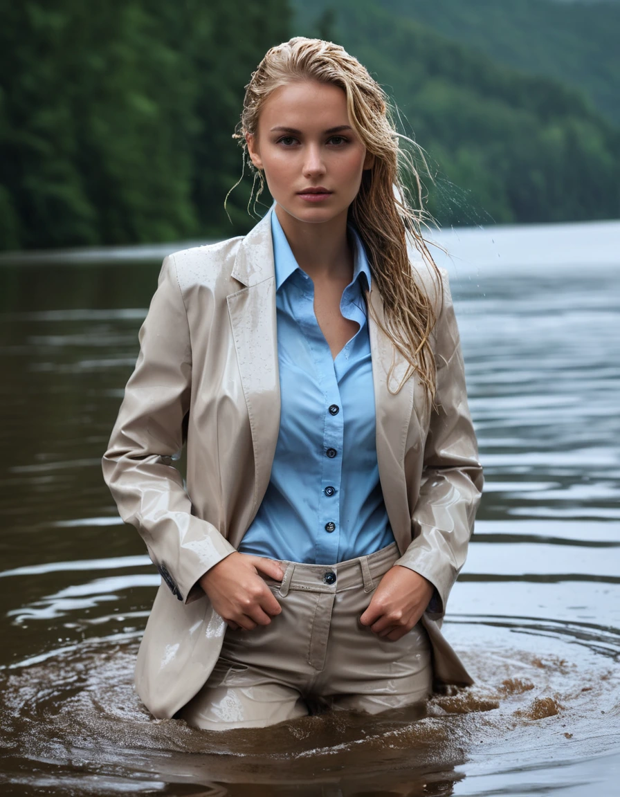 photo of young woman, in soaking wet, drenched clothes,
Beige Long Business Trouser, Beige Business Suit Jacket with light blue button down business shirt longsleeve, Clear Mountain lake with heavy rain, 
enjoying, wet clothes stuck to body,
detailed textures of the wet clothes, wet face, wet plastered hair,
wet, drenched, professional, high-quality details, full body view.
sharp focus, ultra-high pixel detail, realistic, high-quality, full colors, incredibly detailed, 4k, 8k, 16k, hyper-realistic, RAW photo, masterpiece, ultra-detailed, professionally color graded, professional photograph, young elegant beautiful white Blonde women, breast deep submerged, under a big rainshower, fully clothed, completely soaked, fully drenched, completely wet, wetlook, heavy rain, side parting, long hair, rain storm, looks confidently into camera, dry skin, dry clothes, dry fabric