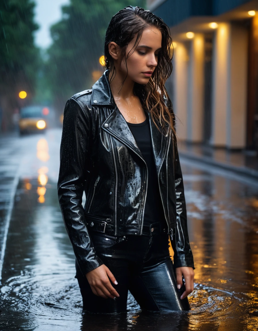photo of young woman, in soaking wet, drenched clothes,
Black leather ankle boots, soaked and glistening, skin tight black leather jeans, saturated , black long sleeve leather shirt, black bikers leather jacket, Upscale hotel driveway under warm golden portico lighting, 
enjoying, wet clothes stuck to body,
detailed textures of the wet clothes, wet face, wet plastered hair,
wet, drenched, professional, high-quality details, full body view.
sharp focus, ultra-high pixel detail, realistic, high-quality, full colors, incredibly detailed, 4k, 8k, 16k, hyper-realistic, RAW photo, masterpiece, ultra-detailed, professionally color graded, professional photograph, Cinematic atmosphere, torrential rain streaks, water pooling on asphalt, sharp reflections, high contrast, dramatic shadows, hyper-realistic wet fabric textures, 8k resolution., dry skin, dry clothes, dry fabric