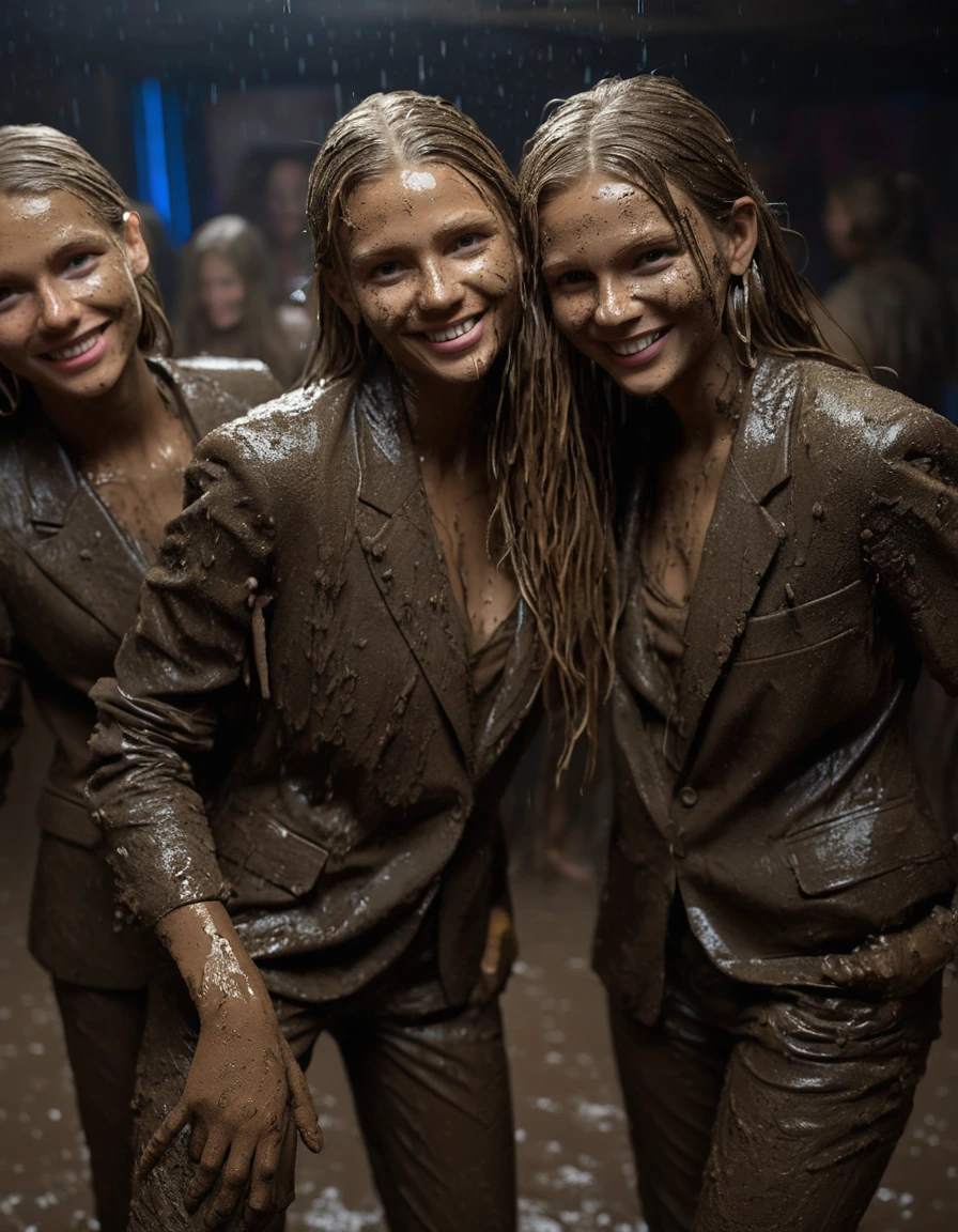 photo of young woman, in soaking wet, drenched clothes,
, Long very muddy suit pants, Full muddy ruined blazer like a fancy uniform over topless., Dark muddy indoor disco club at night. Deep mud on the floor, mud splashed walls, dripping mud from above, very dark mood lighting with pink and blue neon lights from above. Muddy chairs and sofas in the background. , 
enjoying, wet clothes stuck to body,
detailed textures of the wet clothes, wet face, wet plastered hair,
wet, drenched, professional, high-quality details, full body view.
sharp focus, ultra-high pixel detail, realistic, high-quality, full colors, incredibly detailed, 4k, 8k, 16k, hyper-realistic, RAW photo, masterpiece, ultra-detailed, professionally color graded, professional photograph, Three cute blonde 14 years old beautiful gleaming girls with childish appearance are wallowing together in the muddy pool after a full dip in it and holding a glass of juice in their hands during the crazy muddy indoor disco party at night and posing for a professional photo. They are proudly wearing their fully and heavily mud-covered suits. Every small details of the clothes are muddy, clean beautiful faces. Their blazer has the same colour as their muddy pants. The classy elegant disco club is totally destroyed by mud, mud spots everywhere, mud flows down on the walls, mud on the furnitures in the background. Straight muddy very long open wavy hairstyle, muddy hair, smiling childish and satisfied beautiful clean faces, blue eyes, earrings, lipstick. The girls are enjoying to being total muddy in the muddy pool while they are enjoying the muddy party. Photorealistic detailed smiling facial expressions. Full-body photo from front view, highly realistic representation, ultra sharp focus, highly photorealistic detailed textures, highly photorealistic detailed facial features and expressions, highly photorealistic hands, highly emotional reactions, highly best quality, highly sharp photorealistic image, highly photorealistic details, full UHD resolution, 32 K, very high level of detail and image sharpness, zoomed in