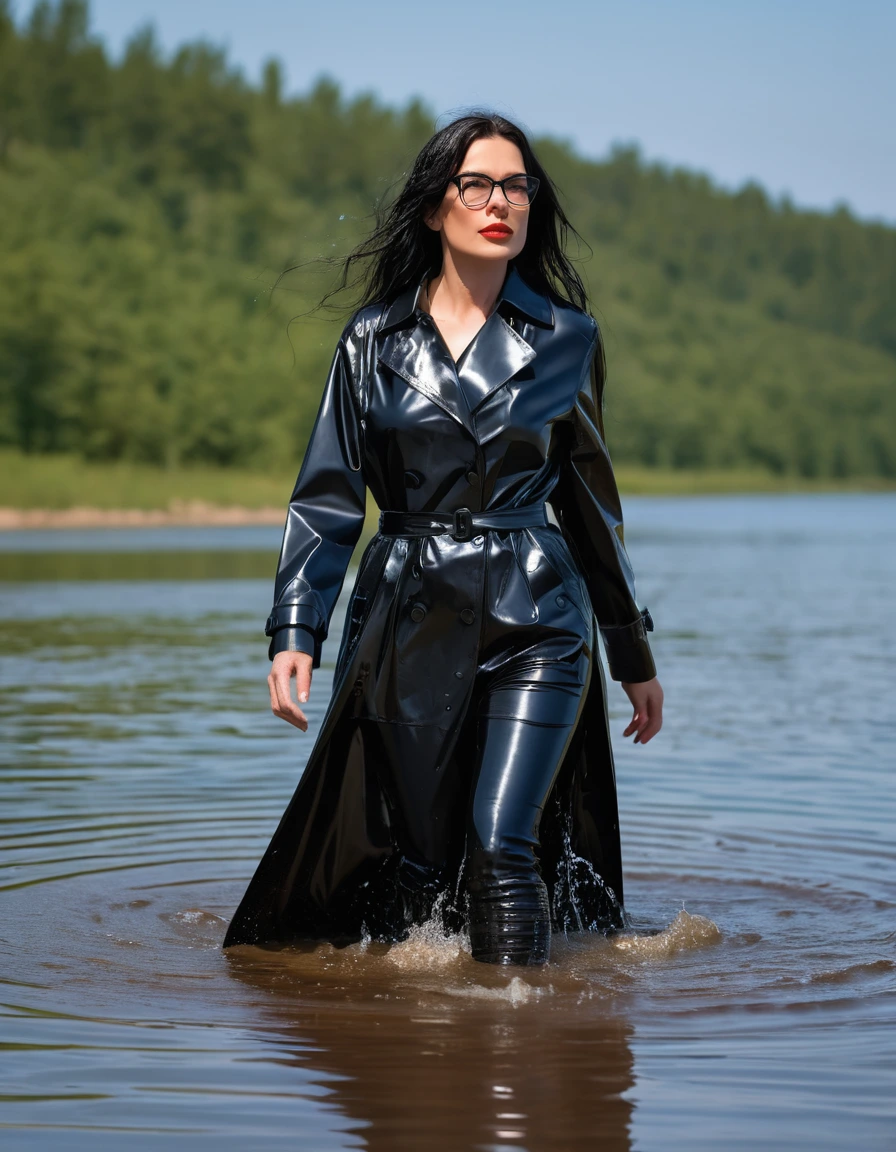 photo of young woman, in soaking wet, drenched clothes,
office shoes , long black latex jeans, maxi latex black trenchcoat, walking submerged in sunny deep lake, 
enjoying, wet clothes stuck to body,
detailed textures of the wet clothes, wet face, wet plastered hair,
wet, drenched, professional, high-quality details, full body view.
sharp focus, ultra-high pixel detail, realistic, high-quality, full colors, incredibly detailed, 4k, 8k, 16k, hyper-realistic, RAW photo, masterpiece, ultra-detailed, professionally color graded, professional photograph, woman 51 years old, long black hair, very big and thick lips, office glasses, complete body, open mouth
