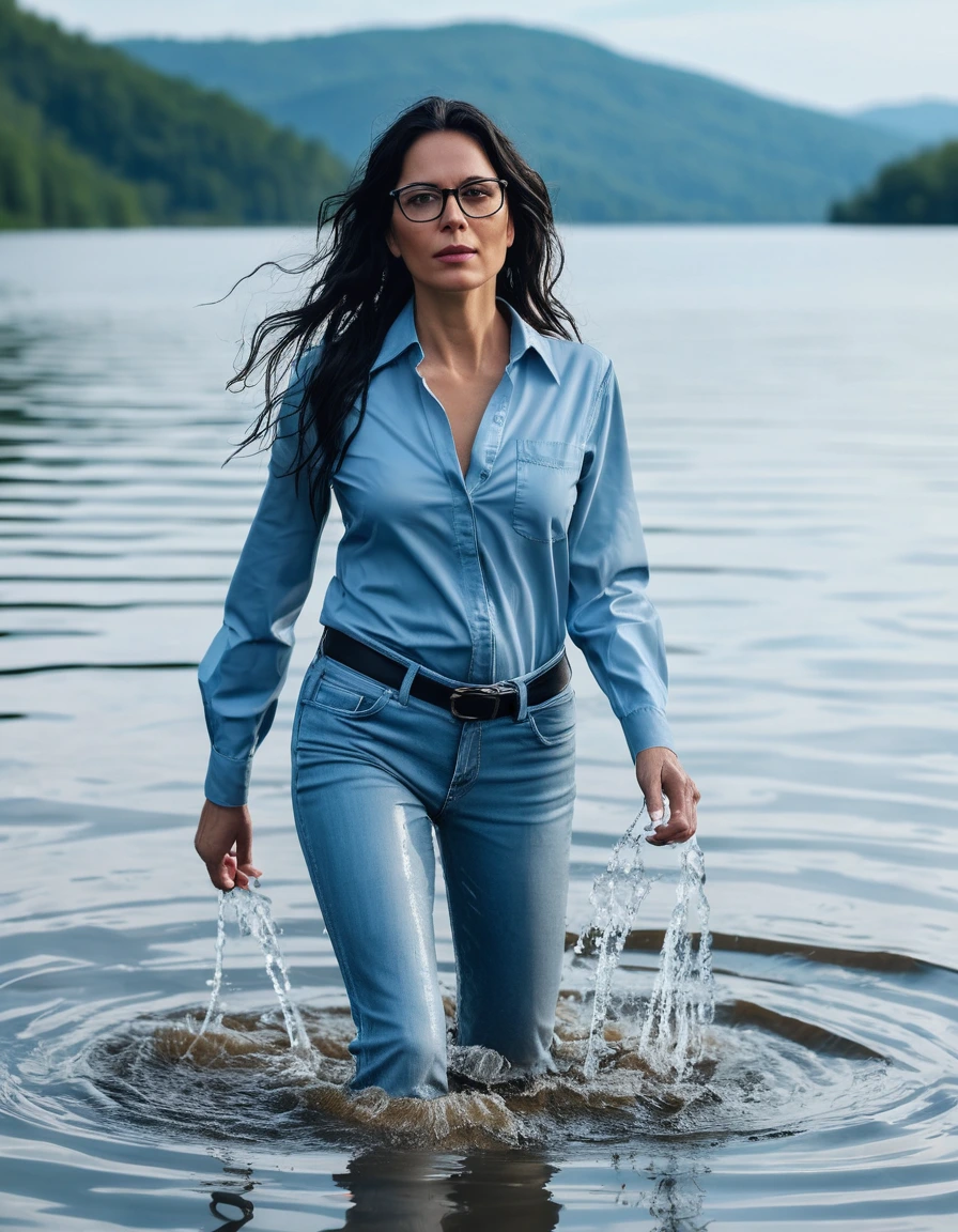 photo of young woman, in soaking wet, drenched clothes,
office shoes , long light blue leather jeans, light blue jeans shirt with long sleeves, walking submerged in sunny deep lake, 
enjoying, wet clothes stuck to body,
detailed textures of the wet clothes, wet face, wet plastered hair,
wet, drenched, professional, high-quality details, full body view.
sharp focus, ultra-high pixel detail, realistic, high-quality, full colors, incredibly detailed, 4k, 8k, 16k, hyper-realistic, RAW photo, masterpiece, ultra-detailed, professionally color graded, professional photograph, woman 51 years old, long black hair, very big and thick lips, office glasses, complete body, open mouth