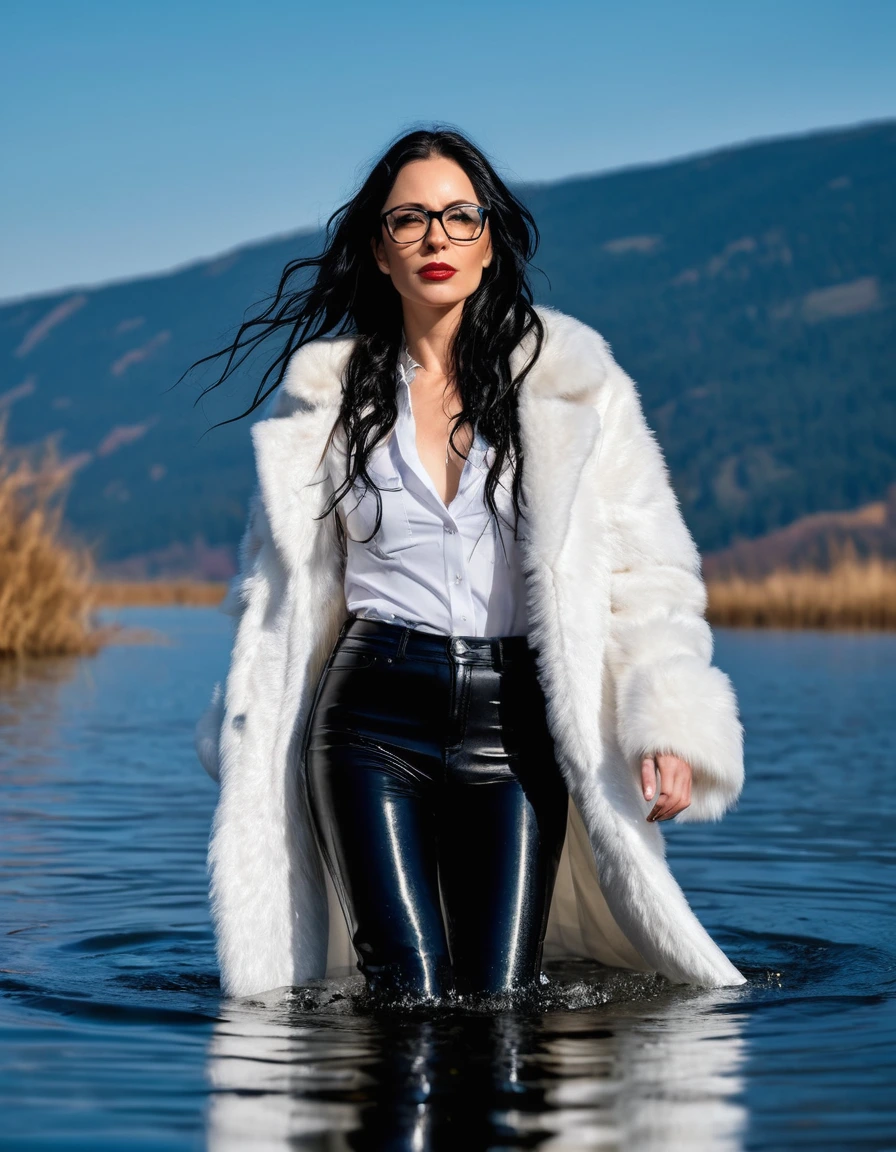 photo of young woman, in soaking wet, drenched clothes,
office shoes , long black latex jeans, maxi white fur coat, walking submerged in sunny deep lake, 
enjoying, wet clothes stuck to body,
detailed textures of the wet clothes, wet face, wet plastered hair,
wet, drenched, professional, high-quality details, full body view.
sharp focus, ultra-high pixel detail, realistic, high-quality, full colors, incredibly detailed, 4k, 8k, 16k, hyper-realistic, RAW photo, masterpiece, ultra-detailed, professionally color graded, professional photograph, woman 51 years old, long black hair, very big and thick lips, office glasses, complete body, open mouth