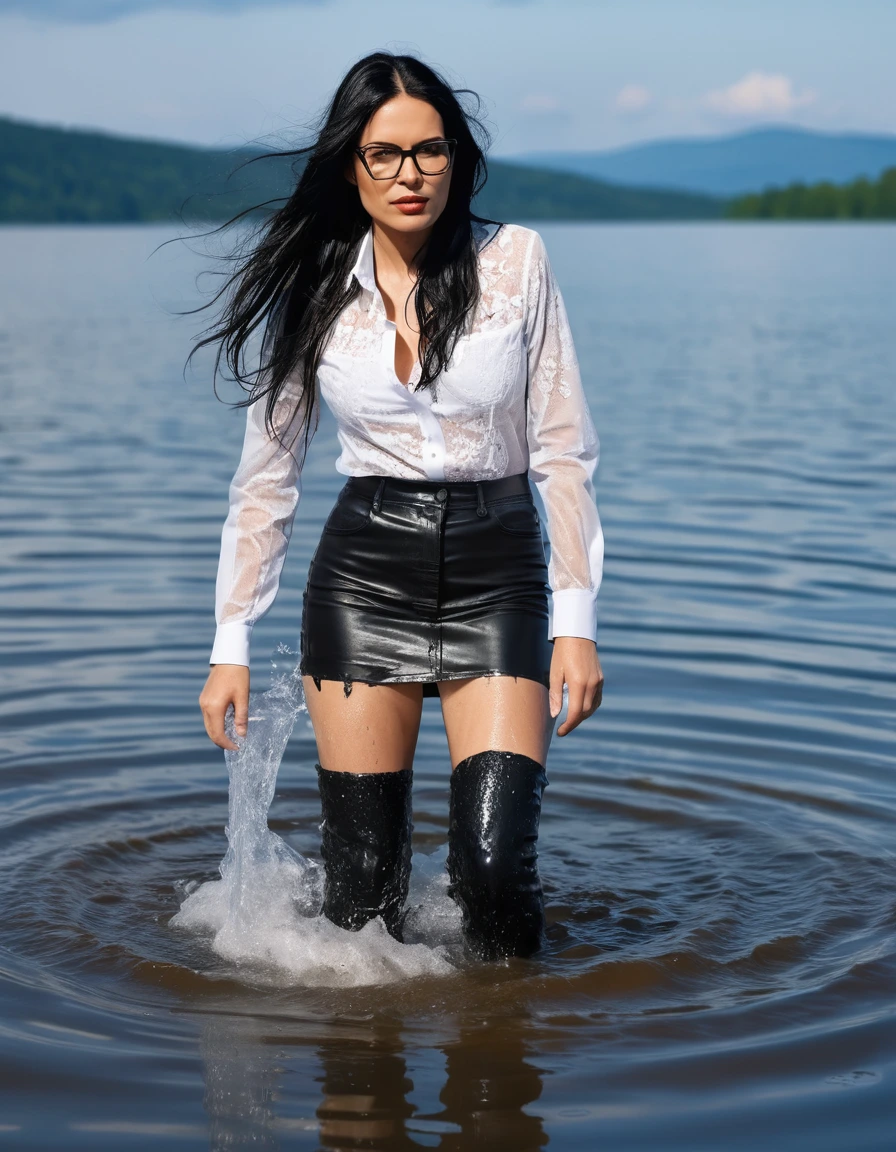 photo of young woman, in soaking wet, drenched clothes,
office shoes , mini black leather jeans skirt, white silk lace shirt, black biker leather jacket, walking submerged in sunny deep lake, 
enjoying, wet clothes stuck to body,
detailed textures of the wet clothes, wet face, wet plastered hair,
wet, drenched, professional, high-quality details, full body view.
sharp focus, ultra-high pixel detail, realistic, high-quality, full colors, incredibly detailed, 4k, 8k, 16k, hyper-realistic, RAW photo, masterpiece, ultra-detailed, professionally color graded, professional photograph, woman 51 years old, long black hair, very big and thick lips, office glasses, complete body, open mouth
