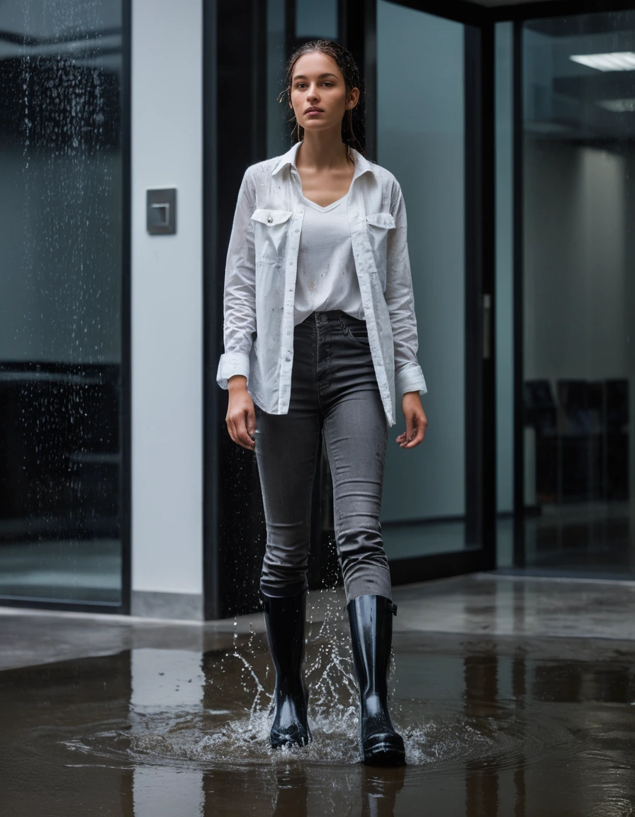 photo of young woman, in soaking wet, drenched clothes,
black rubber rain boots, water puddles inside, charcoal grey skinny jeans, heavily saturated and clinging to skin, white button-down shirt, soaked through, translucent fabric cling, glass lobby entrance of an office building, concrete steps, heavy rain, 
enjoying, wet clothes stuck to body,
detailed textures of the wet clothes, wet face, wet plastered hair,
wet, drenched, professional, high-quality details, full body view.
sharp focus, ultra-high pixel detail, realistic, high-quality, full colors, incredibly detailed, 4k, 8k, 16k, hyper-realistic, RAW photo, masterpiece, ultra-detailed, professionally color graded, professional photograph, heavy downpour, wind-blown rain streaks, dramatic chiaroscuro lighting, cinematic street photography, hyper-realistic water droplets, fabric texture detail, 85mm lens, dry skin, dry clothes, dry fabric