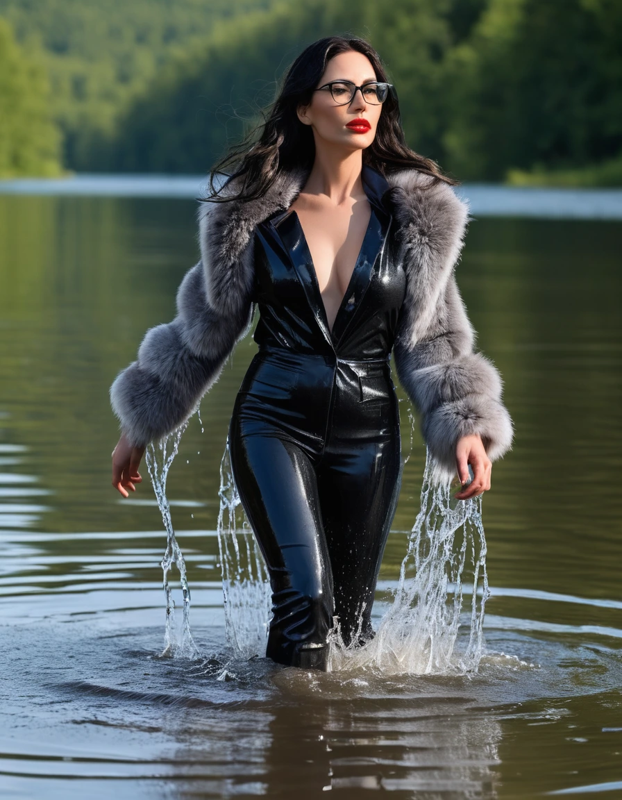 photo of young woman, in soaking wet, drenched clothes,
office shoes , long black latex jeans, maxi gray fur coat, walking submerged in sunny deep lake, 
enjoying, wet clothes stuck to body,
detailed textures of the wet clothes, wet face, wet plastered hair,
wet, drenched, professional, high-quality details, full body view.
sharp focus, ultra-high pixel detail, realistic, high-quality, full colors, incredibly detailed, 4k, 8k, 16k, hyper-realistic, RAW photo, masterpiece, ultra-detailed, professionally color graded, professional photograph, woman 51 years old, long black hair, very big and thick lips, office glasses, complete body, open mouth
