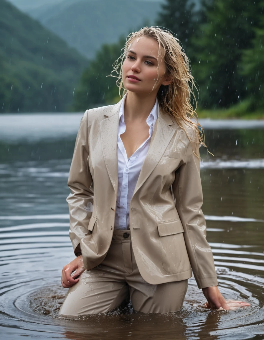 photo of young woman, in soaking wet, drenched clothes,
Beige Long Business Trouser, Beige Business Suit Jacket with white button down business shirt longsleeve, Clear Mountain lake with heavy rain, 
enjoying, wet clothes stuck to body,
detailed textures of the wet clothes, wet face, wet plastered hair,
wet, drenched, professional, high-quality details, full body view.
sharp focus, ultra-high pixel detail, realistic, high-quality, full colors, incredibly detailed, 4k, 8k, 16k, hyper-realistic, RAW photo, masterpiece, ultra-detailed, professionally color graded, professional photograph, young elegant beautiful white Blonde women, breast deep submerged, under a big rainshower, fully clothed, completely soaked, fully drenched, completely wet, wetlook, heavy rain, side parting, long hair, rain storm, looks confidently into camera, dry skin, dry clothes, dry fabric