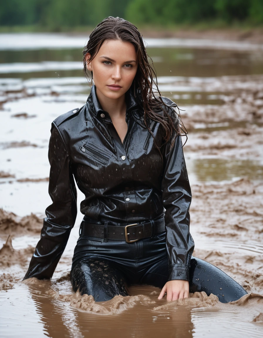 photo of young woman, in soaking wet, drenched clothes,
Muddy black leather knee-high high heeled boots, skin tight black leather jeans, black silk long sleeve leather shirt, black bikers leather jacket, black leather trench coat, lying in a mud river, water up to waist, very muddy shirts, super close up, 
enjoying, wet clothes stuck to body,
detailed textures of the wet clothes, wet face, wet plastered hair,
wet, drenched, professional, high-quality details, full body view.
sharp focus, ultra-high pixel detail, realistic, high-quality, full colors, incredibly detailed, 4k, 8k, 16k, hyper-realistic, RAW photo, masterpiece, ultra-detailed, professionally color graded, professional photograph, white woman, long dripping wet brown hair, dry skin, dry clothes, dry fabric