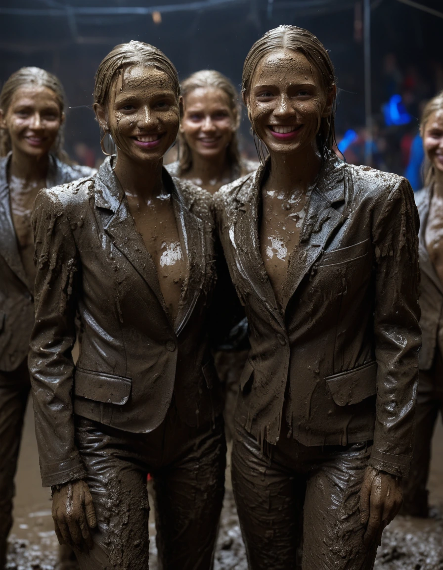 photo of young woman, in soaking wet, drenched clothes,
, Long tight very muddy suit pants, Full muddy ruined fully opened tight blazer like a fancy uniform over topless boobs., Dark muddy indoor disco club at night. Deep mud on the floor, mud splashed walls, dripping mud from above, very dark mood lighting with pink and blue neon lights from above. Muddy chairs and sofas in the background. , 
enjoying, wet clothes stuck to body,
detailed textures of the wet clothes, wet face, wet plastered hair,
wet, drenched, professional, high-quality details, full body view.
sharp focus, ultra-high pixel detail, realistic, high-quality, full colors, incredibly detailed, 4k, 8k, 16k, hyper-realistic, RAW photo, masterpiece, ultra-detailed, professionally color graded, professional photograph, Four cute blonde tall 15 years old beautiful gleaming girls with childish appearance are wallowing together in the muddy pool after a full dip in it and holding a glass of juice in their hands during the crazy muddy indoor disco party at night and posing for a professional photo. They are proudly wearing their fully and heavily mud-covered suits. Every small details of the clothes are muddy, clean beautiful faces. Their blazer has the same colour as their muddy pants. The classy elegant disco club is totally destroyed by mud, mud spots everywhere, mud flows down on the walls, mud on the furnitures in the background. Straight muddy very long open wavy hairstyle, muddy hair, smiling childish and satisfied beautiful clean faces, blue eyes, earrings, lipstick. The girls are enjoying to being total muddy in the muddy pool while they are enjoying the muddy party. Photorealistic detailed smiling facial expressions. Full-body photo from front view, highly realistic representation, ultra sharp focus, highly photorealistic detailed textures, highly photorealistic detailed facial features and expressions, highly photorealistic hands, highly emotional reactions, highly best quality, highly sharp photorealistic image, highly photorealistic details, full UHD resolution, 32 K, very high level of detail and image sharpness, zoomed in, dry skin, dry clothes, dry fabric