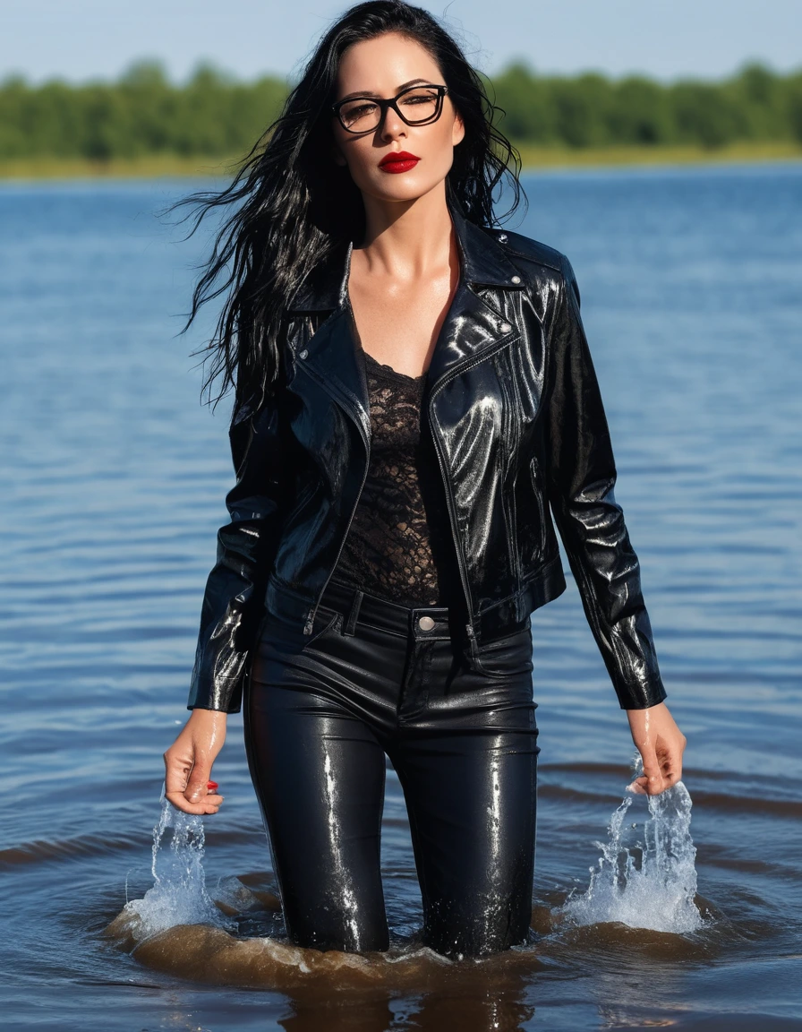 photo of young woman, in soaking wet, drenched clothes,
office shoes , long black leather jeans, black silk lace shirt, black biker leather jacket, walking submerged in sunny deep lake, 
enjoying, wet clothes stuck to body,
detailed textures of the wet clothes, wet face, wet plastered hair,
wet, drenched, professional, high-quality details, full body view.
sharp focus, ultra-high pixel detail, realistic, high-quality, full colors, incredibly detailed, 4k, 8k, 16k, hyper-realistic, RAW photo, masterpiece, ultra-detailed, professionally color graded, professional photograph, woman 51 years old, long black hair, very big and thick lips, office glasses, complete body, open mouth