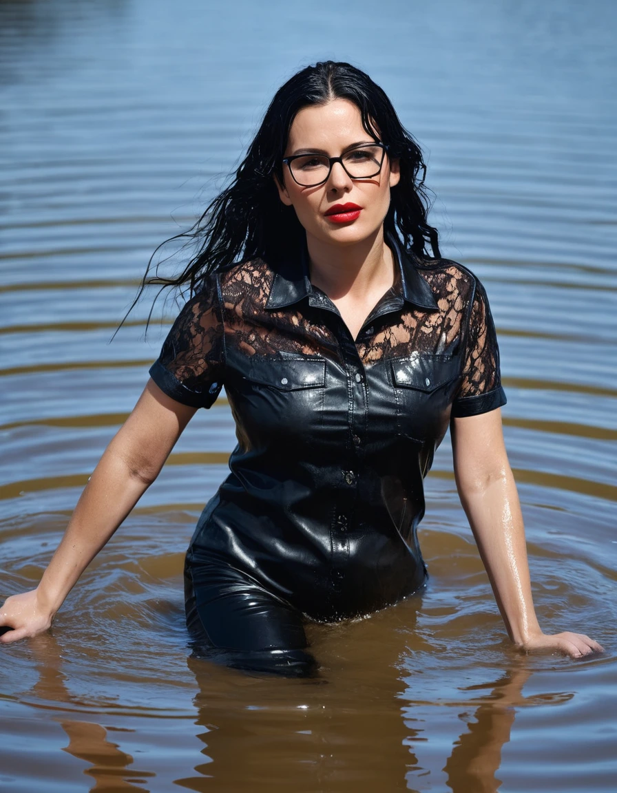 photo of young woman, in soaking wet, drenched clothes,
office shoes , long black leather jeans, black lace top with short sleeves, walking submerged in sunny deep lake, 
enjoying, wet clothes stuck to body,
detailed textures of the wet clothes, wet face, wet plastered hair,
wet, drenched, professional, high-quality details, full body view.
sharp focus, ultra-high pixel detail, realistic, high-quality, full colors, incredibly detailed, 4k, 8k, 16k, hyper-realistic, RAW photo, masterpiece, ultra-detailed, professionally color graded, professional photograph, woman 51 years old, long black hair, very big and thick lips, office glasses, complete body, open mouth