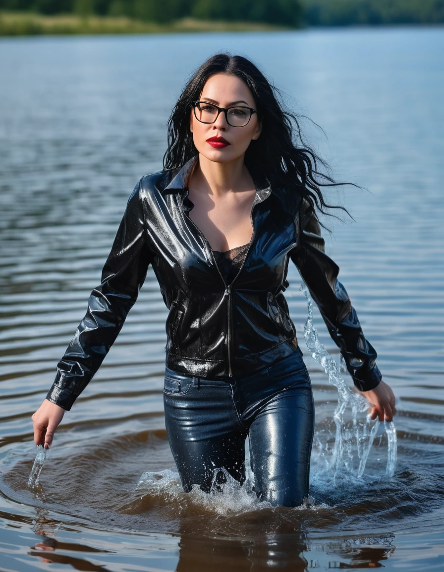 photo of young woman, in soaking wet, drenched clothes,
office shoes , long blue latex jeans, black silk lace shirt, black biker latex jacket, walking submerged in sunny deep lake, 
enjoying, wet clothes stuck to body,
detailed textures of the wet clothes, wet face, wet plastered hair,
wet, drenched, professional, high-quality details, full body view.
sharp focus, ultra-high pixel detail, realistic, high-quality, full colors, incredibly detailed, 4k, 8k, 16k, hyper-realistic, RAW photo, masterpiece, ultra-detailed, professionally color graded, professional photograph, woman 51 years old, long black hair, very big and thick lips, office glasses, complete body, open mouth
