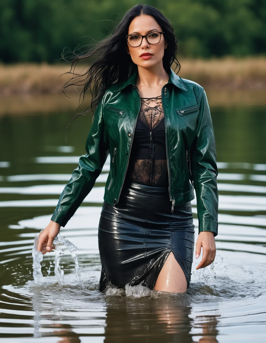 photo of young woman, in soaking wet, drenched clothes,
office shoes , long black leather skirt, dark green silk lace shirt, black biker leather jacket, walking submerged in sunny deep lake, 
enjoying, wet clothes stuck to body,
detailed textures of the wet clothes, wet face, wet plastered hair,
wet, drenched, professional, high-quality details, full body view.
sharp focus, ultra-high pixel detail, realistic, high-quality, full colors, incredibly detailed, 4k, 8k, 16k, hyper-realistic, RAW photo, masterpiece, ultra-detailed, professionally color graded, professional photograph, woman 51 years old, long black hair, very big and thick lips, office glasses, complete body, open mouth