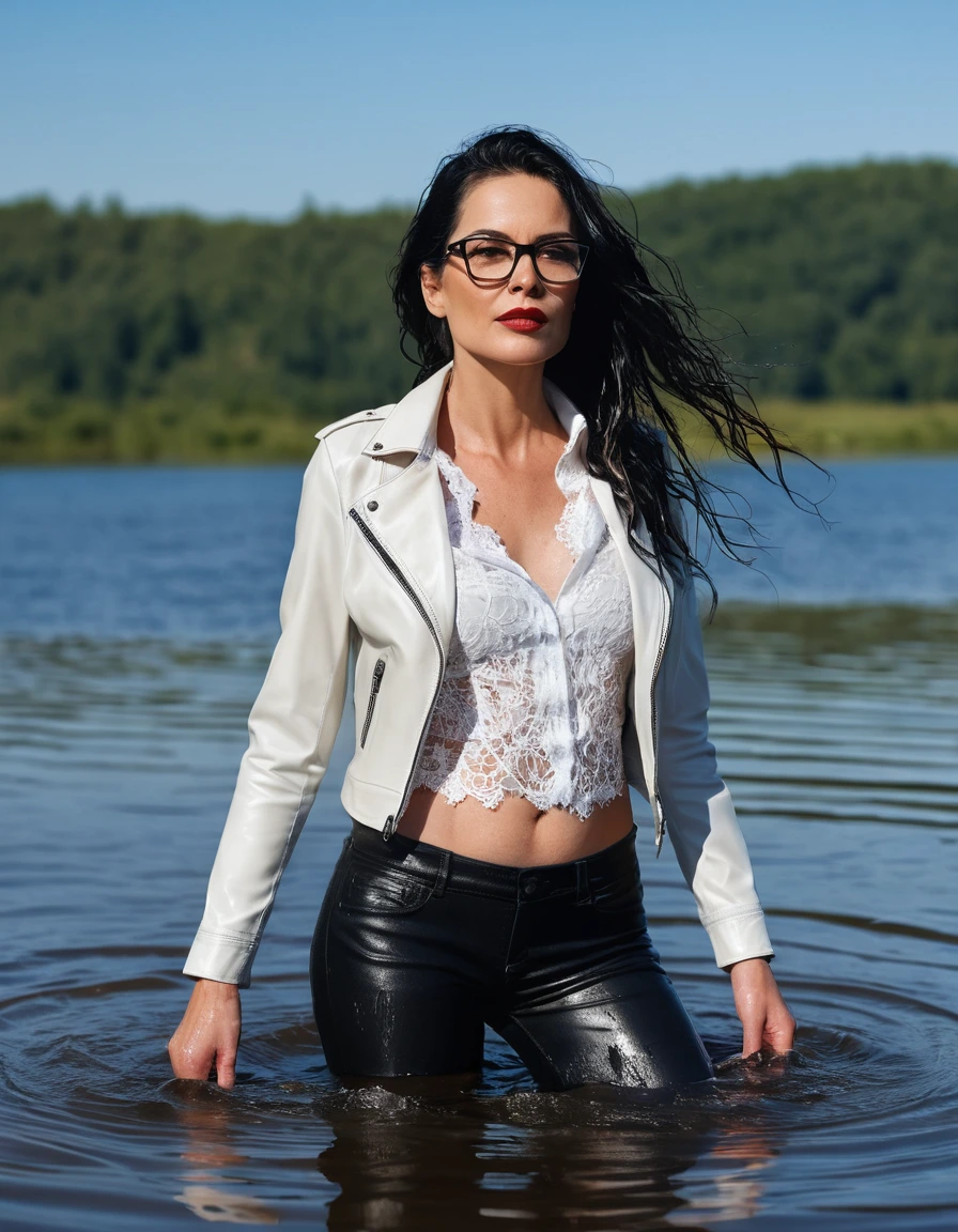 photo of young woman, in soaking wet, drenched clothes,
office shoes , long black leather jeans, white silk lace shirt, black biker leather jacket, walking submerged in sunny deep lake, 
enjoying, wet clothes stuck to body,
detailed textures of the wet clothes, wet face, wet plastered hair,
wet, drenched, professional, high-quality details, full body view.
sharp focus, ultra-high pixel detail, realistic, high-quality, full colors, incredibly detailed, 4k, 8k, 16k, hyper-realistic, RAW photo, masterpiece, ultra-detailed, professionally color graded, professional photograph, woman 51 years old, long black hair, very big and thick lips, office glasses, complete body, open mouth
