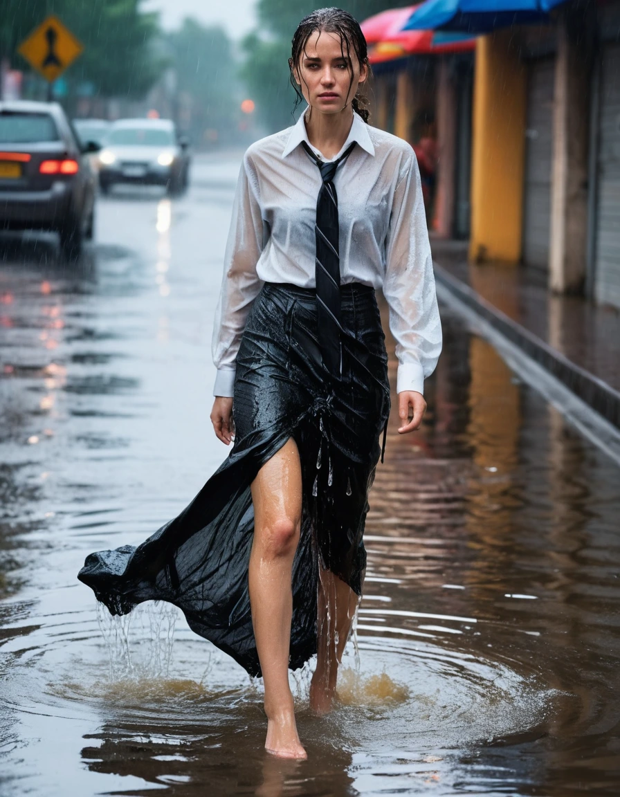 photo of young woman, in soaking wet, drenched clothes,
heels, black maxi skirt, long sleeved sheer white blouse, necktie, street, 
enjoying, wet clothes stuck to body,
detailed textures of the wet clothes, wet face, wet plastered hair,
wet, drenched, professional, high-quality details, full body view.
sharp focus, ultra-high pixel detail, realistic, high-quality, full colors, incredibly detailed, 4k, 8k, 16k, hyper-realistic, RAW photo, masterpiece, ultra-detailed, professionally color graded, professional photograph, heavy rain, girl is sad and crying