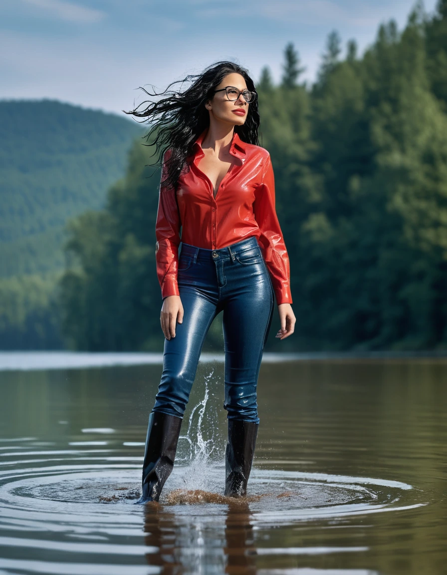 photo of young woman, in soaking wet, drenched clothes,
office shoes , long blue leather jeans, red jeans shirt with long sleeves, walking submerged in sunny deep lake, 
enjoying, wet clothes stuck to body,
detailed textures of the wet clothes, wet face, wet plastered hair,
wet, drenched, professional, high-quality details, full body view.
sharp focus, ultra-high pixel detail, realistic, high-quality, full colors, incredibly detailed, 4k, 8k, 16k, hyper-realistic, RAW photo, masterpiece, ultra-detailed, professionally color graded, professional photograph, woman 51 years old, long black hair, very big and thick lips, office glasses, complete body, open mouth