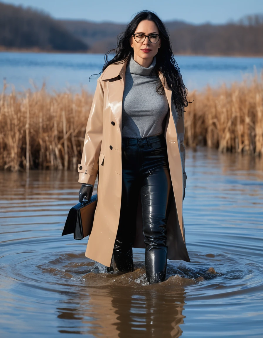 photo of young woman, in soaking wet, drenched clothes,
office shoes , long black latex jeans, maxi light brown winter coat, walking submerged in sunny deep lake, 
enjoying, wet clothes stuck to body,
detailed textures of the wet clothes, wet face, wet plastered hair,
wet, drenched, professional, high-quality details, full body view.
sharp focus, ultra-high pixel detail, realistic, high-quality, full colors, incredibly detailed, 4k, 8k, 16k, hyper-realistic, RAW photo, masterpiece, ultra-detailed, professionally color graded, professional photograph, woman 51 years old, long black hair, very big and thick lips, office glasses, complete body, open mouth