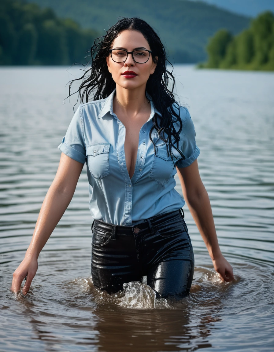 photo of young woman, in soaking wet, drenched clothes,
office shoes , long light blue leather jeans, black lace top with short sleeves, walking submerged in sunny deep lake, 
enjoying, wet clothes stuck to body,
detailed textures of the wet clothes, wet face, wet plastered hair,
wet, drenched, professional, high-quality details, full body view.
sharp focus, ultra-high pixel detail, realistic, high-quality, full colors, incredibly detailed, 4k, 8k, 16k, hyper-realistic, RAW photo, masterpiece, ultra-detailed, professionally color graded, professional photograph, woman 51 years old, long black hair, very big and thick lips, office glasses, complete body, open mouth