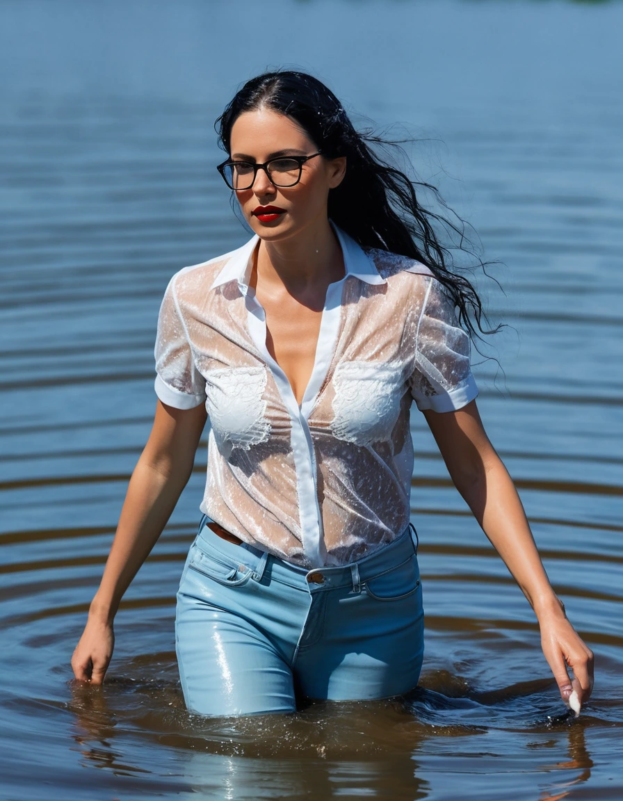 photo of young woman, in soaking wet, drenched clothes,
office shoes , long light blue leather jeans, white lace top with short sleeves, walking submerged in sunny deep lake, 
enjoying, wet clothes stuck to body,
detailed textures of the wet clothes, wet face, wet plastered hair,
wet, drenched, professional, high-quality details, full body view.
sharp focus, ultra-high pixel detail, realistic, high-quality, full colors, incredibly detailed, 4k, 8k, 16k, hyper-realistic, RAW photo, masterpiece, ultra-detailed, professionally color graded, professional photograph, woman 51 years old, long black hair, very big and thick lips, office glasses, complete body, open mouth