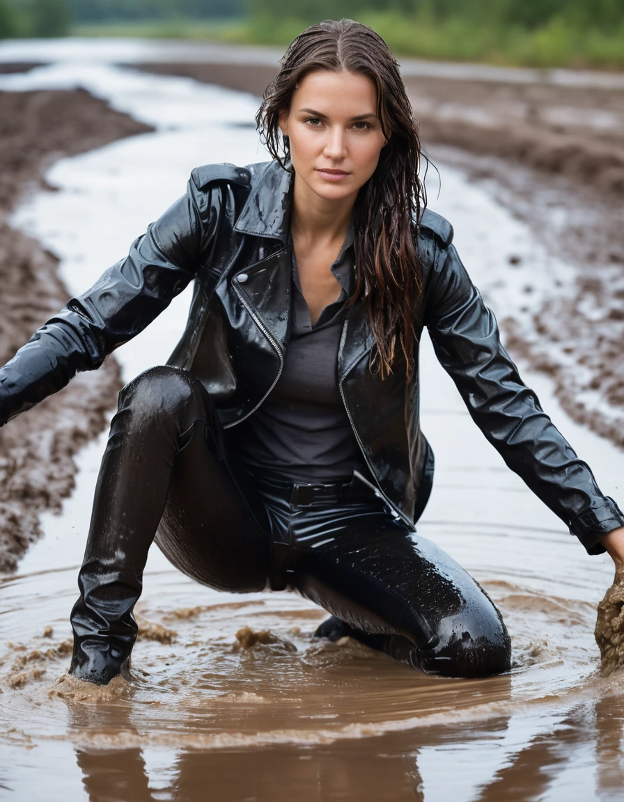 photo of young woman, in soaking wet, drenched clothes,
Muddy black leather knee-high high heeled boots, skin tight black leather jeans, black silk long sleeve leather shirt, black bikers leather jacket, black leather trench coat, lying in a mud river, water up to waist, very muddy shirts, super close up, 
enjoying, wet clothes stuck to body,
detailed textures of the wet clothes, wet face, wet plastered hair,
wet, drenched, professional, high-quality details, full body view.
sharp focus, ultra-high pixel detail, realistic, high-quality, full colors, incredibly detailed, 4k, 8k, 16k, hyper-realistic, RAW photo, masterpiece, ultra-detailed, professionally color graded, professional photograph, white woman, long dripping wet brown hair, dry skin, dry clothes, dry fabric, dry skin, dry clothes, dry fabric
