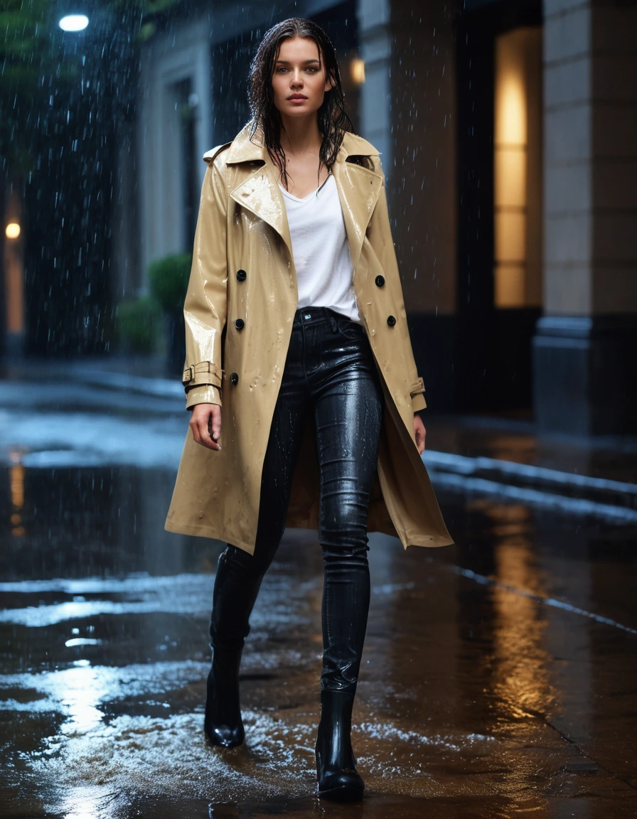 photo of young woman, in soaking wet, drenched clothes,
Black leather ankle boots, soaked and glistening, Dark wash skinny jeans, heavily saturated and clinging to skin, Oversized beige trench coat, dripping wet and darkened by rain, Upscale hotel driveway under warm golden portico lighting, 
enjoying, wet clothes stuck to body,
detailed textures of the wet clothes, wet face, wet plastered hair,
wet, drenched, professional, high-quality details, full body view.
sharp focus, ultra-high pixel detail, realistic, high-quality, full colors, incredibly detailed, 4k, 8k, 16k, hyper-realistic, RAW photo, masterpiece, ultra-detailed, professionally color graded, professional photograph, Cinematic atmosphere, torrential rain streaks, water pooling on asphalt, sharp reflections, high contrast, dramatic shadows, hyper-realistic wet fabric textures, 8k resolution., dry skin, dry clothes, dry fabric