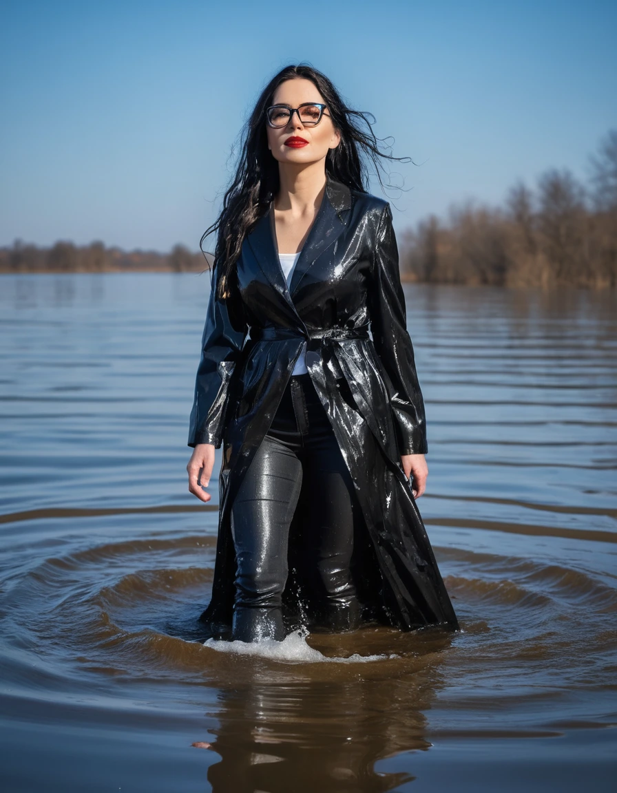 photo of young woman, in soaking wet, drenched clothes,
office shoes , long black latex jeans, maxi black winter coat, walking submerged in sunny deep lake, 
enjoying, wet clothes stuck to body,
detailed textures of the wet clothes, wet face, wet plastered hair,
wet, drenched, professional, high-quality details, full body view.
sharp focus, ultra-high pixel detail, realistic, high-quality, full colors, incredibly detailed, 4k, 8k, 16k, hyper-realistic, RAW photo, masterpiece, ultra-detailed, professionally color graded, professional photograph, woman 51 years old, long black hair, very big and thick lips, office glasses, complete body, open mouth