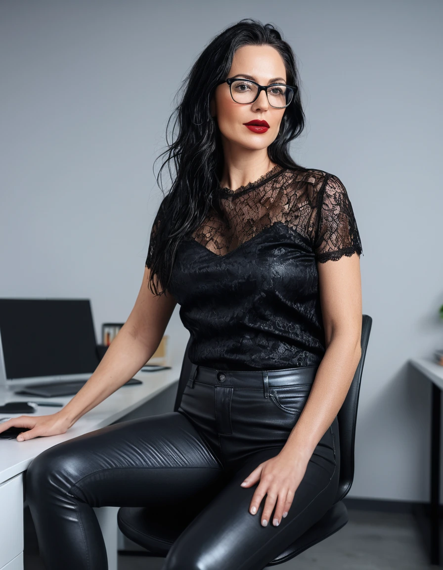 photo of young woman, in soaking wet, drenched clothes,
office shoes , long black leather jeans, black lace top with short sleeves, on the chair in office room, 
enjoying, wet clothes stuck to body,
detailed textures of the wet clothes, wet face, wet plastered hair,
wet, drenched, professional, high-quality details, full body view.
sharp focus, ultra-high pixel detail, realistic, high-quality, full colors, incredibly detailed, 4k, 8k, 16k, hyper-realistic, RAW photo, masterpiece, ultra-detailed, professionally color graded, professional photograph, woman 51 years old, long black hair, very big and thick lips, office glasses, complete body, open mouth