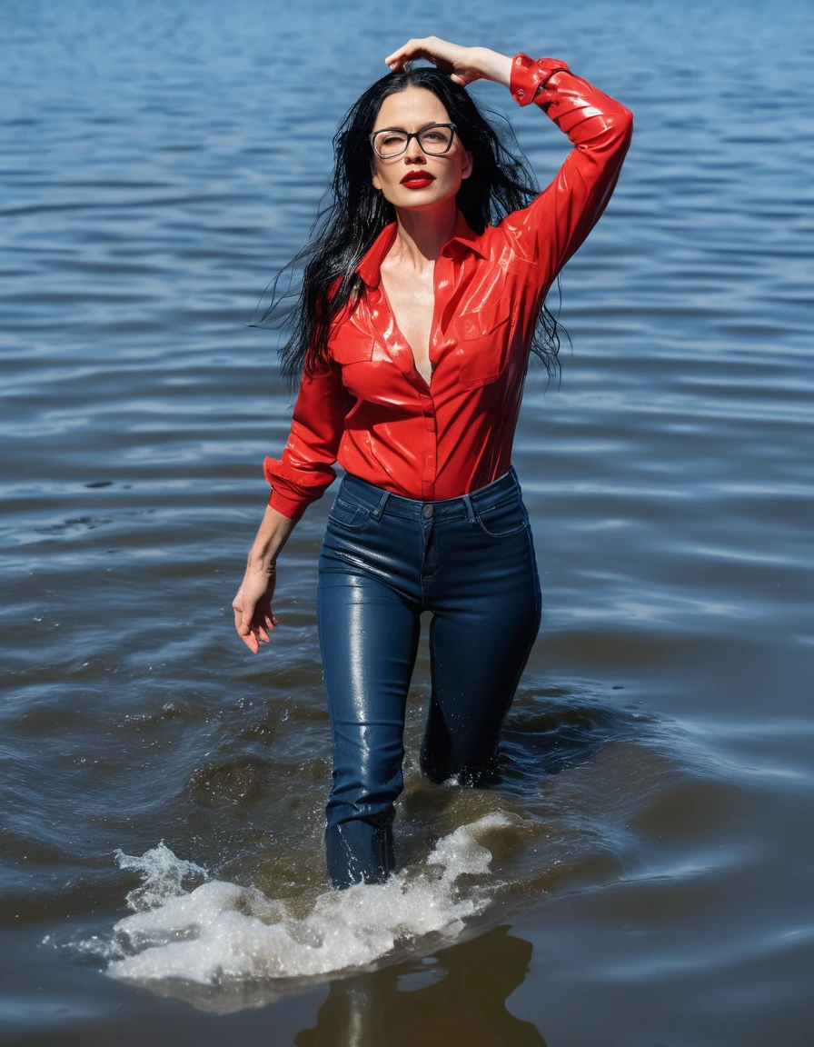 photo of young woman, in soaking wet, drenched clothes,
office shoes , long blue leather jeans, red jeans shirt with long sleeves, walking submerged in sunny deep lake, 
enjoying, wet clothes stuck to body,
detailed textures of the wet clothes, wet face, wet plastered hair,
wet, drenched, professional, high-quality details, full body view.
sharp focus, ultra-high pixel detail, realistic, high-quality, full colors, incredibly detailed, 4k, 8k, 16k, hyper-realistic, RAW photo, masterpiece, ultra-detailed, professionally color graded, professional photograph, woman 51 years old, long black hair, very big and thick lips, office glasses, complete body, open mouth