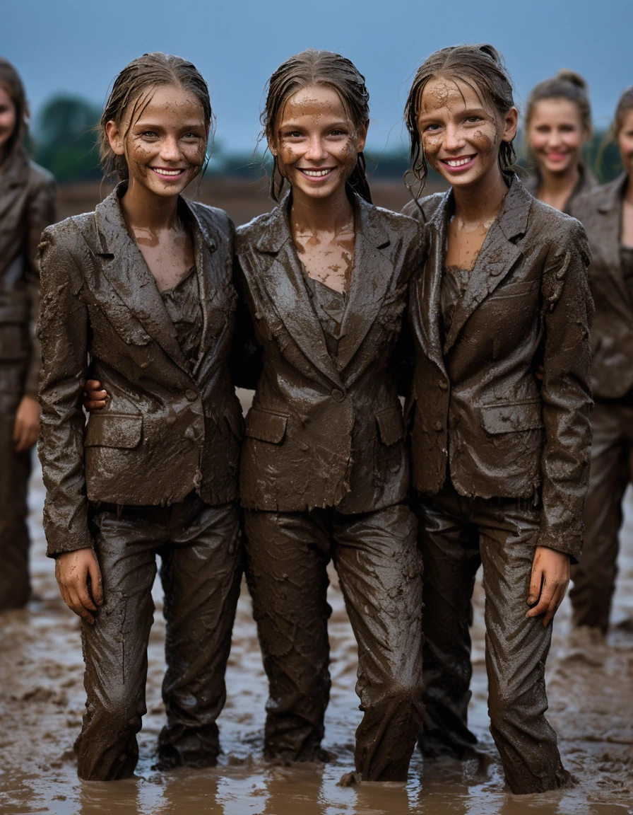 photo of young woman, in soaking wet, drenched clothes,
, Long tight very muddy suit pants, Full muddy ruined fully opened tight blazer like a fancy uniform over topless boobs., Dark muddy indoor disco club at night. Deep mud on the floor, mud splashed walls, dripping mud from above, very dark mood lighting with pink and blue neon lights from above. Muddy chairs and sofas in the background. , 
enjoying, wet clothes stuck to body,
detailed textures of the wet clothes, wet face, wet plastered hair,
wet, drenched, professional, high-quality details, full body view.
sharp focus, ultra-high pixel detail, realistic, high-quality, full colors, incredibly detailed, 4k, 8k, 16k, hyper-realistic, RAW photo, masterpiece, ultra-detailed, professionally color graded, professional photograph, Four cute blonde tall 14 years old beautiful gleaming girls with childish appearance are wallowing together in the muddy pool after a full dip in it and holding a glass of juice in their hands during the crazy muddy indoor disco party at night and posing for a professional photo. They are proudly wearing their fully and heavily mud-covered suits. Every small details of the clothes are muddy, clean beautiful faces. Their blazer has the same colour as their muddy pants. The classy elegant disco club is totally destroyed by mud, mud spots everywhere, mud flows down on the walls, mud on the furnitures in the background. Straight muddy very long open wavy hairstyle, muddy hair, smiling childish and satisfied beautiful clean faces, blue eyes, earrings, lipstick. The girls are enjoying to being total muddy in the muddy pool while they are enjoying the muddy party. Photorealistic detailed smiling facial expressions. Full-body photo from front view, highly realistic representation, ultra sharp focus, highly photorealistic detailed textures, highly photorealistic detailed facial features and expressions, highly photorealistic hands, highly emotional reactions, highly best quality, highly sharp photorealistic image, highly photorealistic details, full UHD resolution, 32 K, very high level of detail and image sharpness, zoomed in, dry skin, dry clothes, dry fabric