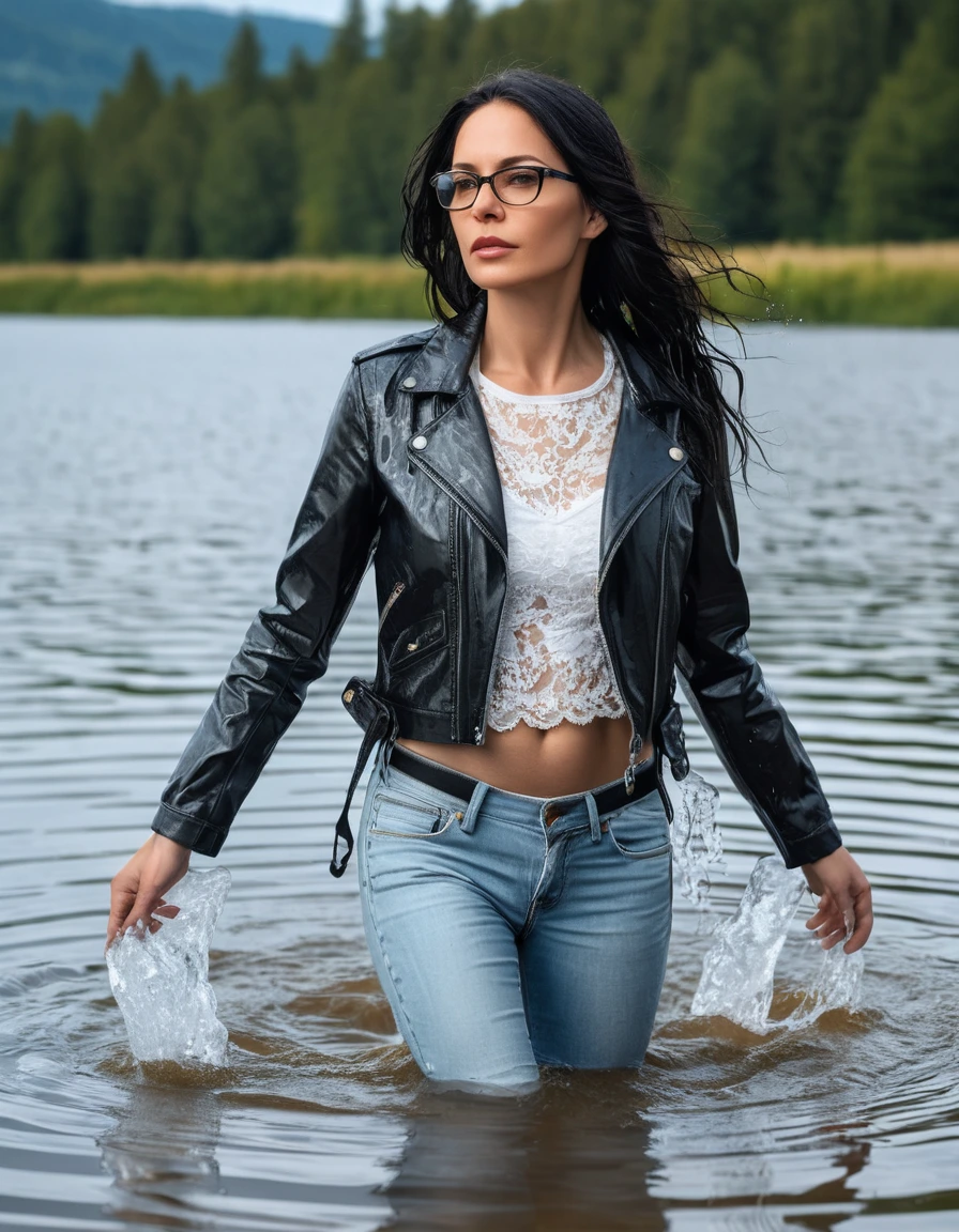photo of young woman, in soaking wet, drenched clothes,
office shoes , long  light blue leather jeans, white silk lace shirt, black biker leather jacket, walking submerged in sunny deep lake, 
enjoying, wet clothes stuck to body,
detailed textures of the wet clothes, wet face, wet plastered hair,
wet, drenched, professional, high-quality details, full body view.
sharp focus, ultra-high pixel detail, realistic, high-quality, full colors, incredibly detailed, 4k, 8k, 16k, hyper-realistic, RAW photo, masterpiece, ultra-detailed, professionally color graded, professional photograph, woman 51 years old, long black hair, very big and thick lips, office glasses, complete body, open mouth