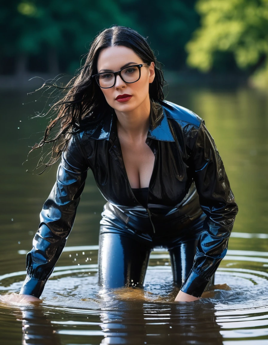 photo of young woman, in soaking wet, drenched clothes,
office shoes , long blue latex jeans, black silk lace shirt, black biker latex jacket, walking submerged in sunny deep lake, 
enjoying, wet clothes stuck to body,
detailed textures of the wet clothes, wet face, wet plastered hair,
wet, drenched, professional, high-quality details, full body view.
sharp focus, ultra-high pixel detail, realistic, high-quality, full colors, incredibly detailed, 4k, 8k, 16k, hyper-realistic, RAW photo, masterpiece, ultra-detailed, professionally color graded, professional photograph, woman 51 years old, long black hair, very big and thick lips, office glasses, complete body, open mouth