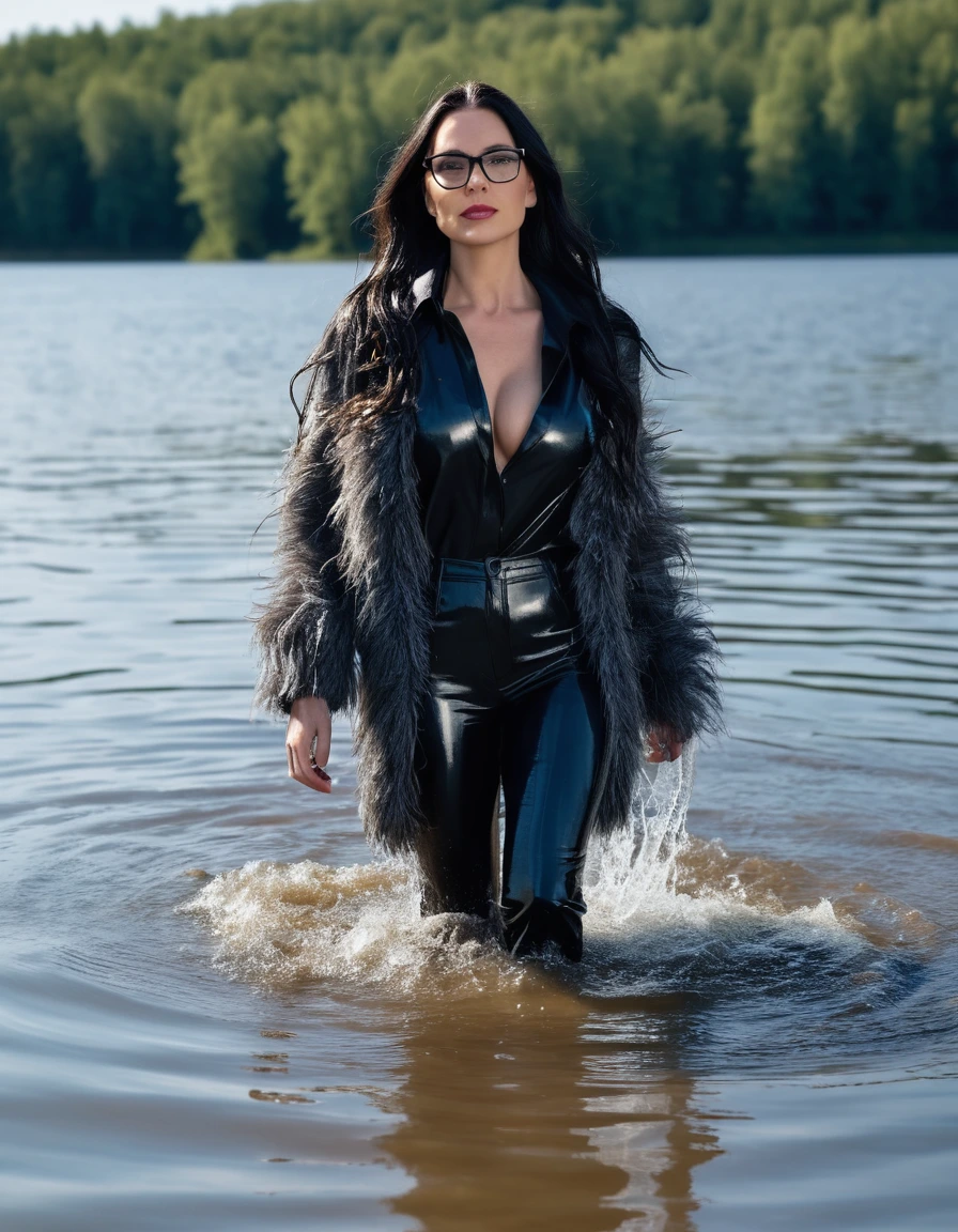 photo of young woman, in soaking wet, drenched clothes,
office shoes , long black latex jeans, maxi gray fur coat, walking submerged in sunny deep lake, 
enjoying, wet clothes stuck to body,
detailed textures of the wet clothes, wet face, wet plastered hair,
wet, drenched, professional, high-quality details, full body view.
sharp focus, ultra-high pixel detail, realistic, high-quality, full colors, incredibly detailed, 4k, 8k, 16k, hyper-realistic, RAW photo, masterpiece, ultra-detailed, professionally color graded, professional photograph, woman 51 years old, long black hair, very big and thick lips, office glasses, complete body, open mouth