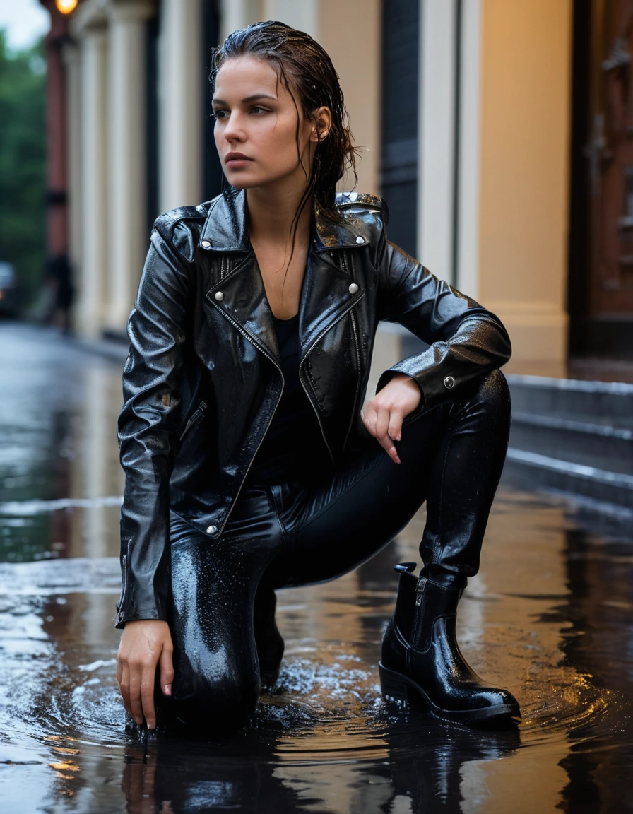 photo of young woman, in soaking wet, drenched clothes,
Black leather ankle boots, soaked and glistening, skin tight black leather jeans, saturated , black long sleeve leather shirt, black bikers leather jacket, Upscale hotel driveway under warm golden portico lighting, 
enjoying, wet clothes stuck to body,
detailed textures of the wet clothes, wet face, wet plastered hair,
wet, drenched, professional, high-quality details, full body view.
sharp focus, ultra-high pixel detail, realistic, high-quality, full colors, incredibly detailed, 4k, 8k, 16k, hyper-realistic, RAW photo, masterpiece, ultra-detailed, professionally color graded, professional photograph, Cinematic atmosphere, torrential rain streaks, water pooling on asphalt, sharp reflections, high contrast, dramatic shadows, hyper-realistic wet fabric textures, 8k resolution., dry skin, dry clothes, dry fabric