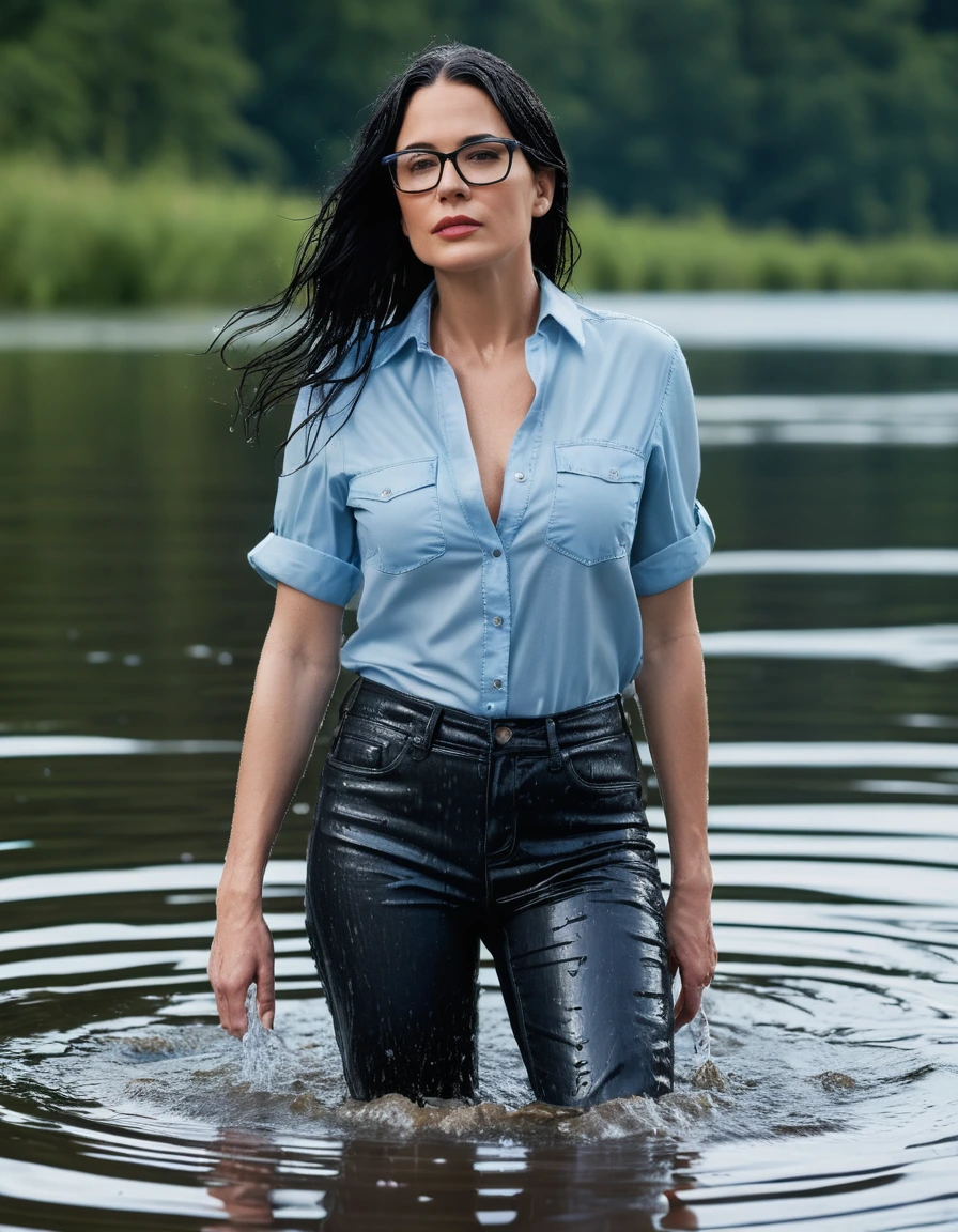 photo of young woman, in soaking wet, drenched clothes,
office shoes , long light blue leather jeans, black top with short sleeves, walking submerged in sunny deep lake, 
enjoying, wet clothes stuck to body,
detailed textures of the wet clothes, wet face, wet plastered hair,
wet, drenched, professional, high-quality details, full body view.
sharp focus, ultra-high pixel detail, realistic, high-quality, full colors, incredibly detailed, 4k, 8k, 16k, hyper-realistic, RAW photo, masterpiece, ultra-detailed, professionally color graded, professional photograph, woman 51 years old, long black hair, very big and thick lips, office glasses, complete body, open mouth