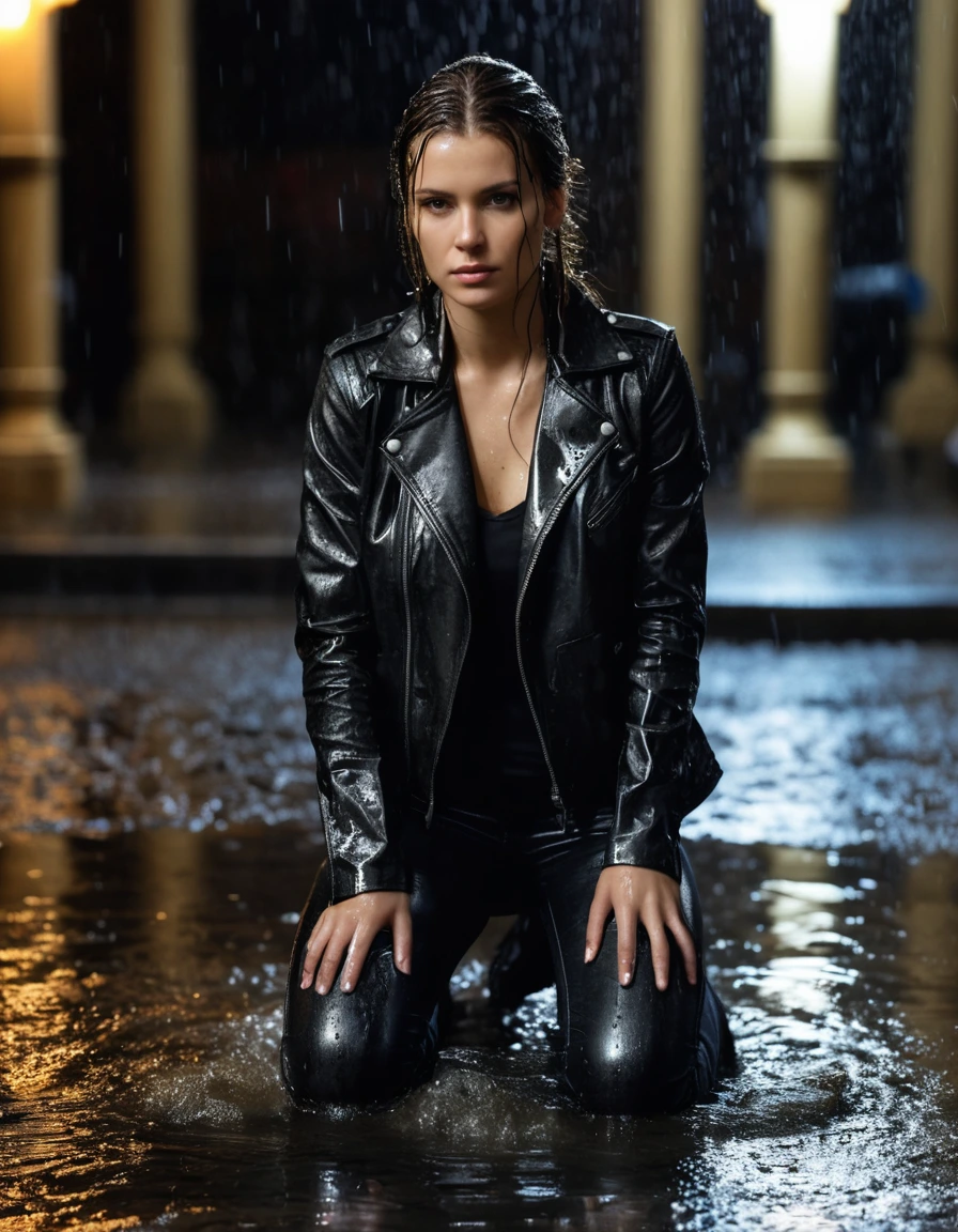 photo of young woman, in soaking wet, drenched clothes,
Black leather ankle boots, soaked and glistening, skin tight black leather jeans, saturated , black long sleeve leather shirt, black bikers leather jacket, Upscale hotel driveway under warm golden portico lighting, 
enjoying, wet clothes stuck to body,
detailed textures of the wet clothes, wet face, wet plastered hair,
wet, drenched, professional, high-quality details, full body view.
sharp focus, ultra-high pixel detail, realistic, high-quality, full colors, incredibly detailed, 4k, 8k, 16k, hyper-realistic, RAW photo, masterpiece, ultra-detailed, professionally color graded, professional photograph, Cinematic atmosphere, torrential rain streaks, water pooling on asphalt, sharp reflections, high contrast, dramatic shadows, hyper-realistic wet fabric textures, 8k resolution., dry skin, dry clothes, dry fabric