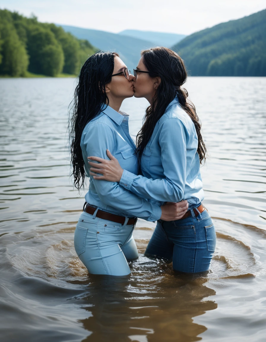photo of young woman, in soaking wet, drenched clothes,
office shoes , long light blue leather jeans, light blue jeans shirt with long sleeves, two women kissing submerged in sunny deep lake, 
enjoying, wet clothes stuck to body,
detailed textures of the wet clothes, wet face, wet plastered hair,
wet, drenched, professional, high-quality details, full body view.
sharp focus, ultra-high pixel detail, realistic, high-quality, full colors, incredibly detailed, 4k, 8k, 16k, hyper-realistic, RAW photo, masterpiece, ultra-detailed, professionally color graded, professional photograph, woman 51 years old, long black hair, very big and thick lips, office glasses, complete body, open mouth
