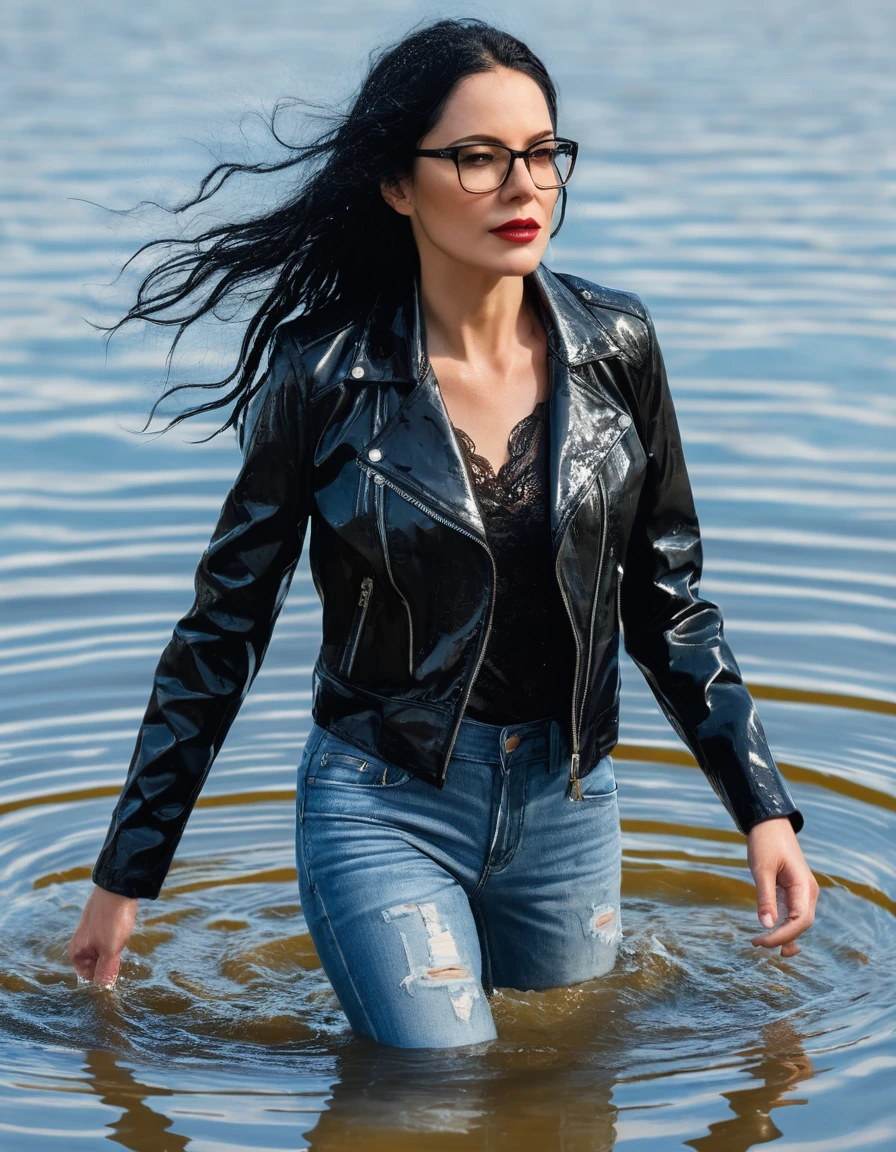 photo of young woman, in soaking wet, drenched clothes,
office shoes , long light blue jeans, black silk lace shirt, black biker leather jacket, walking submerged in sunny deep lake, 
enjoying, wet clothes stuck to body,
detailed textures of the wet clothes, wet face, wet plastered hair,
wet, drenched, professional, high-quality details, full body view.
sharp focus, ultra-high pixel detail, realistic, high-quality, full colors, incredibly detailed, 4k, 8k, 16k, hyper-realistic, RAW photo, masterpiece, ultra-detailed, professionally color graded, professional photograph, woman 51 years old, long black hair, very big and thick lips, office glasses, complete body, open mouth