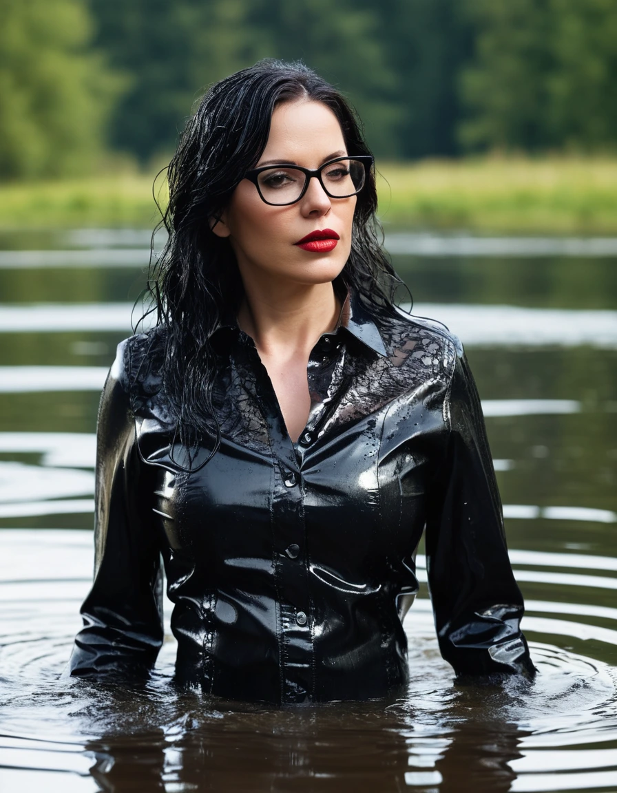 photo of young woman, in soaking wet, drenched clothes,
office shoes , long black latex jeans, black silk lace shirt, black biker latex jacket, walking submerged in sunny deep lake, 
enjoying, wet clothes stuck to body,
detailed textures of the wet clothes, wet face, wet plastered hair,
wet, drenched, professional, high-quality details, full body view.
sharp focus, ultra-high pixel detail, realistic, high-quality, full colors, incredibly detailed, 4k, 8k, 16k, hyper-realistic, RAW photo, masterpiece, ultra-detailed, professionally color graded, professional photograph, woman 51 years old, long black hair, very big and thick lips, office glasses, complete body, open mouth