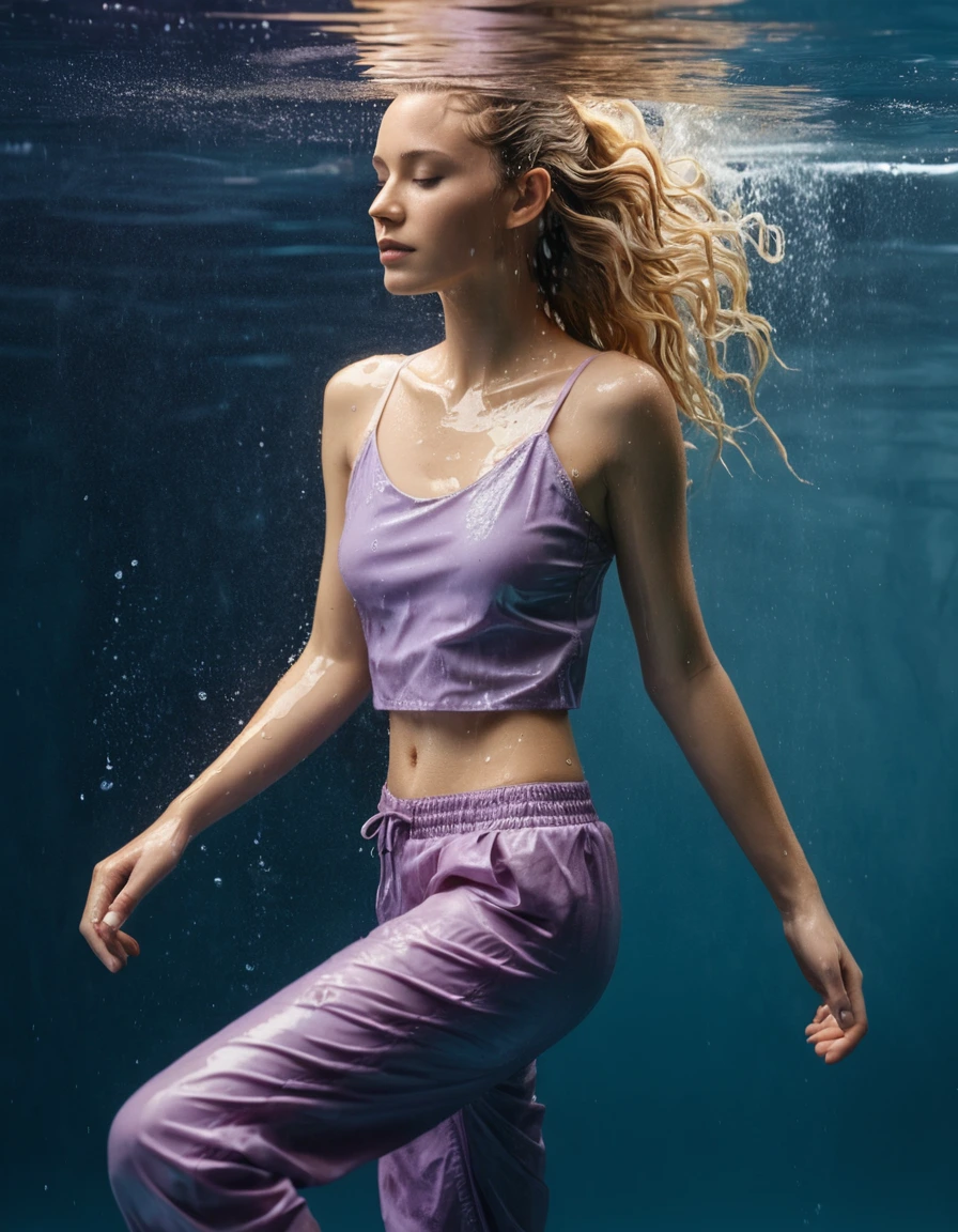 photo of young woman, in soaking wet, drenched clothes,
sandals, tight lavender silk long trousers, fitted lavender silk crop top camisole, under water, 
enjoying, wet clothes stuck to body,
detailed textures of the wet clothes, wet face, wet plastered hair,
wet, drenched, professional, high-quality details, full body view.
sharp focus, ultra-high pixel detail, realistic, high-quality, full colors, incredibly detailed, 4k, 8k, 16k, hyper-realistic, RAW photo, masterpiece, ultra-detailed, professionally color graded, professional photograph, wet long blonde hair