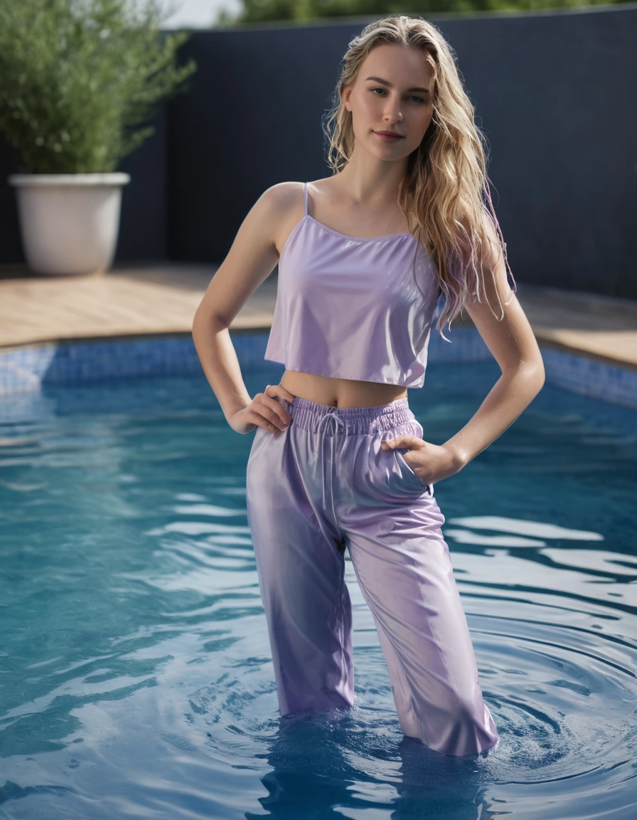 photo of young woman, in soaking wet, drenched clothes,
sandals, tight lavender white silk long trousers, fitted lavender silk crop top camisole, in a pool with water up to chest, 
enjoying, wet clothes stuck to body,
detailed textures of the wet clothes, wet face, wet plastered hair,
wet, drenched, professional, high-quality details, full body view.
sharp focus, ultra-high pixel detail, realistic, high-quality, full colors, incredibly detailed, 4k, 8k, 16k, hyper-realistic, RAW photo, masterpiece, ultra-detailed, professionally color graded, professional photograph, wet long blonde hair