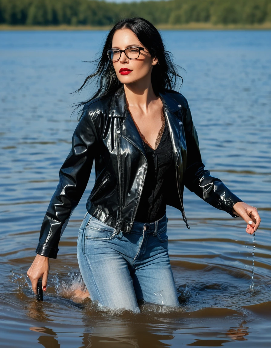 photo of young woman, in soaking wet, drenched clothes,
office shoes , long light blue jeans, black silk lace shirt, black biker leather jacket, walking submerged in sunny deep lake, 
enjoying, wet clothes stuck to body,
detailed textures of the wet clothes, wet face, wet plastered hair,
wet, drenched, professional, high-quality details, full body view.
sharp focus, ultra-high pixel detail, realistic, high-quality, full colors, incredibly detailed, 4k, 8k, 16k, hyper-realistic, RAW photo, masterpiece, ultra-detailed, professionally color graded, professional photograph, woman 51 years old, long black hair, very big and thick lips, office glasses, complete body, open mouth