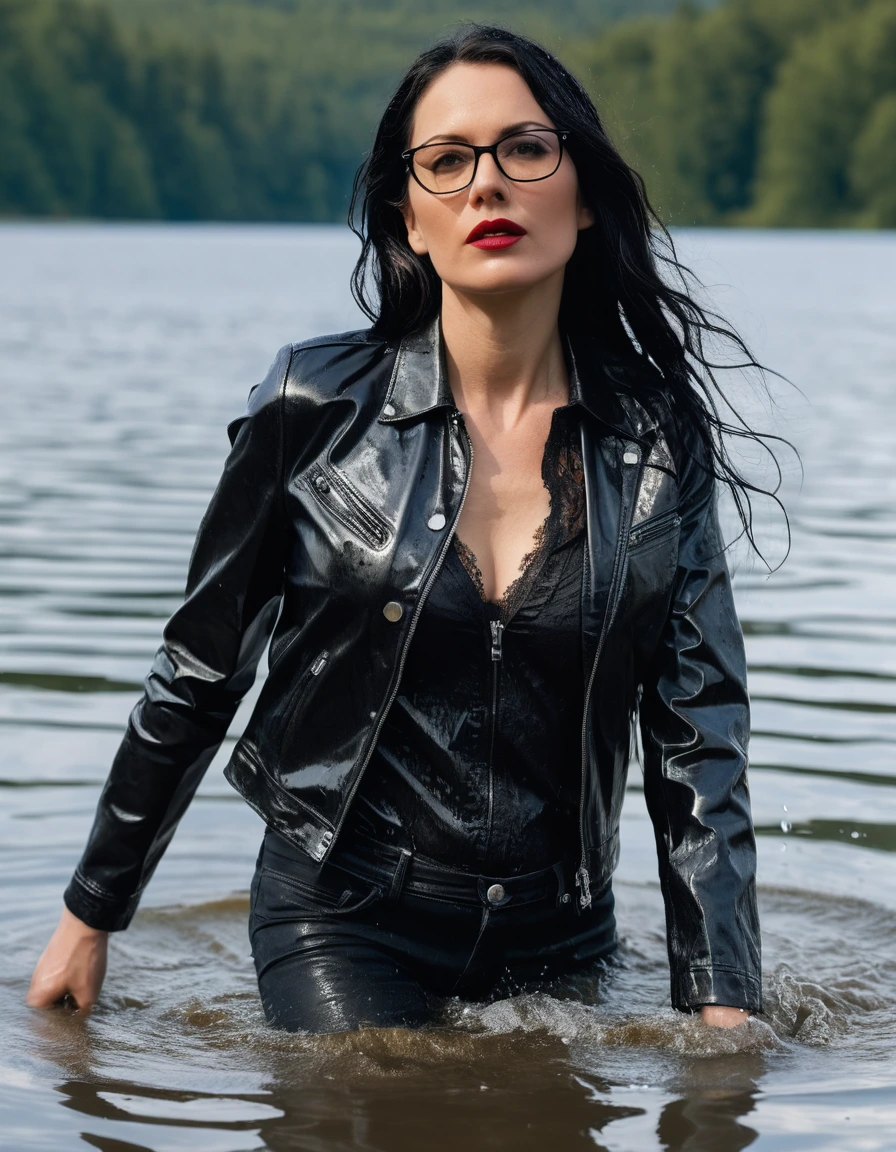 photo of young woman, in soaking wet, drenched clothes,
office shoes , long light black jeans, black silk lace shirt, black biker leather jacket, walking submerged in sunny deep lake, 
enjoying, wet clothes stuck to body,
detailed textures of the wet clothes, wet face, wet plastered hair,
wet, drenched, professional, high-quality details, full body view.
sharp focus, ultra-high pixel detail, realistic, high-quality, full colors, incredibly detailed, 4k, 8k, 16k, hyper-realistic, RAW photo, masterpiece, ultra-detailed, professionally color graded, professional photograph, woman 51 years old, long black hair, very big and thick lips, office glasses, complete body, open mouth