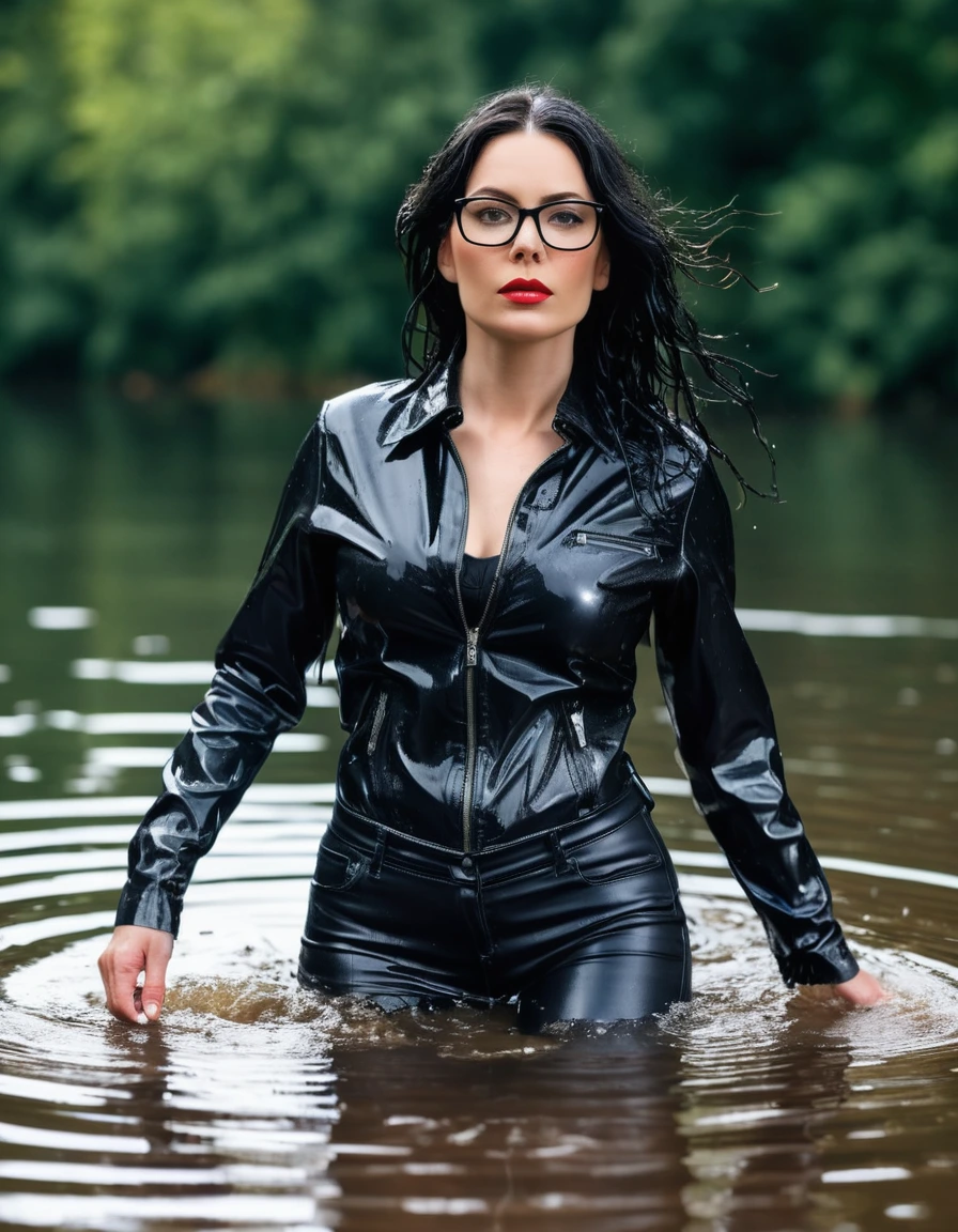 photo of young woman, in soaking wet, drenched clothes,
office shoes , long black latex jeans, black silk lace shirt, black biker latex jacket, walking submerged in sunny deep lake, 
enjoying, wet clothes stuck to body,
detailed textures of the wet clothes, wet face, wet plastered hair,
wet, drenched, professional, high-quality details, full body view.
sharp focus, ultra-high pixel detail, realistic, high-quality, full colors, incredibly detailed, 4k, 8k, 16k, hyper-realistic, RAW photo, masterpiece, ultra-detailed, professionally color graded, professional photograph, woman 51 years old, long black hair, very big and thick lips, office glasses, complete body, open mouth