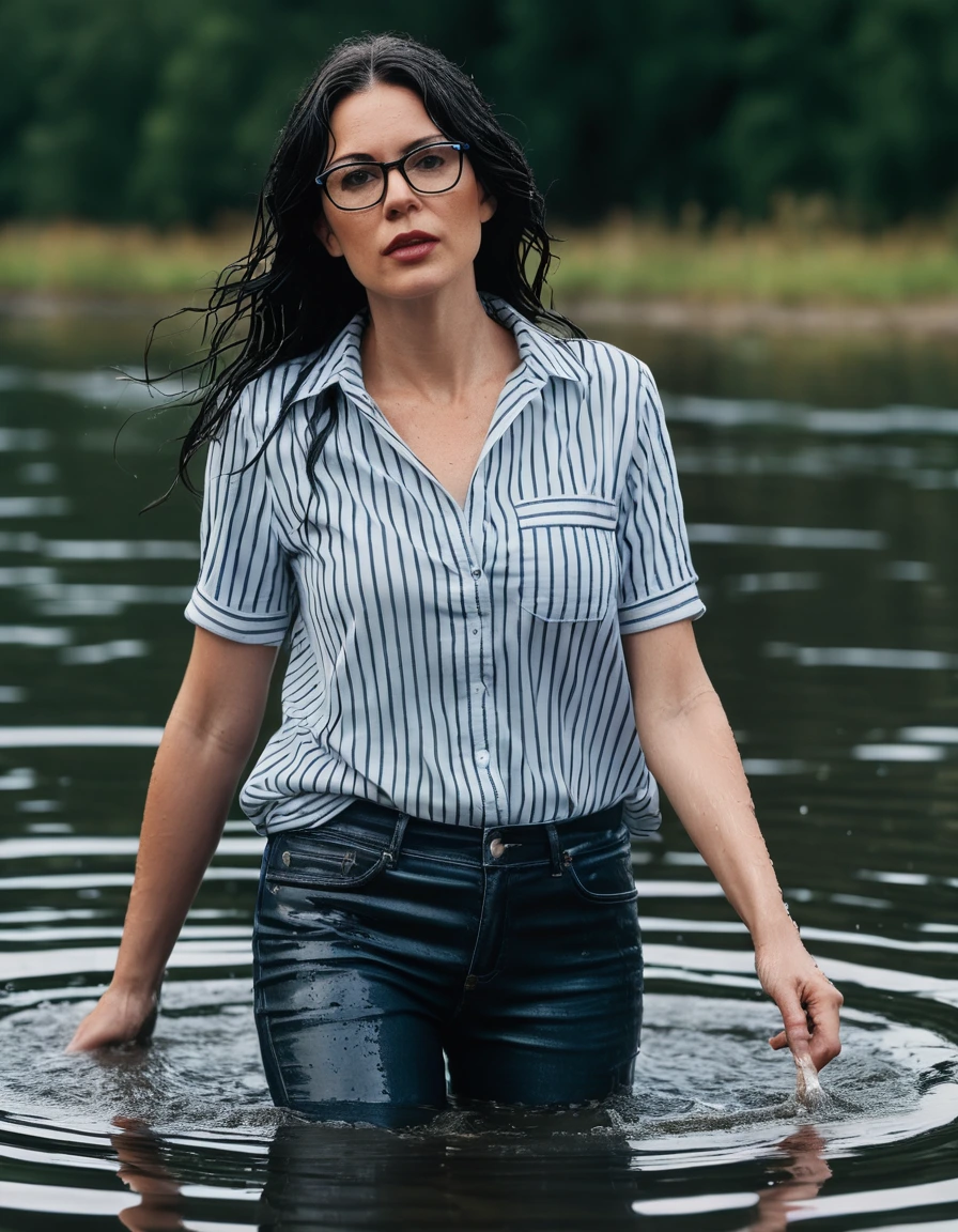 photo of young woman, in soaking wet, drenched clothes,
office shoes , long blue leather jeans, black and white striped top with short sleeves, walking submerged in sunny deep lake, 
enjoying, wet clothes stuck to body,
detailed textures of the wet clothes, wet face, wet plastered hair,
wet, drenched, professional, high-quality details, full body view.
sharp focus, ultra-high pixel detail, realistic, high-quality, full colors, incredibly detailed, 4k, 8k, 16k, hyper-realistic, RAW photo, masterpiece, ultra-detailed, professionally color graded, professional photograph, woman 51 years old, long black hair, very big and thick lips, office glasses, complete body, open mouth