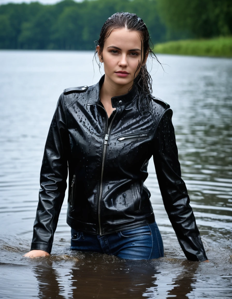 photo of young woman, in soaking wet, drenched clothes,
Black leather ankle boots, soaked and glistening, skin tight black leather jeans, saturated, black long sleeve leather shirt, black bikers leather jacket, swimming in a lake, drenched, close up, 
enjoying, wet clothes stuck to body,
detailed textures of the wet clothes, wet face, wet plastered hair,
wet, drenched, professional, high-quality details, full body view.
sharp focus, ultra-high pixel detail, realistic, high-quality, full colors, incredibly detailed, 4k, 8k, 16k, hyper-realistic, RAW photo, masterpiece, ultra-detailed, professionally color graded, professional photograph, saturated leather clinging to skin, intense flash photography, glossy wet borwn hair, water droplets on skin, sharp contrast, cinematic street lighting, high resolution, dry skin, dry clothes, dry fabric